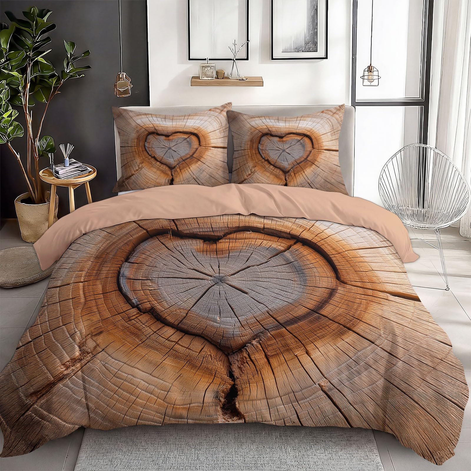 Housse de couette pour enfants et adultes beige au motif bois 240x260