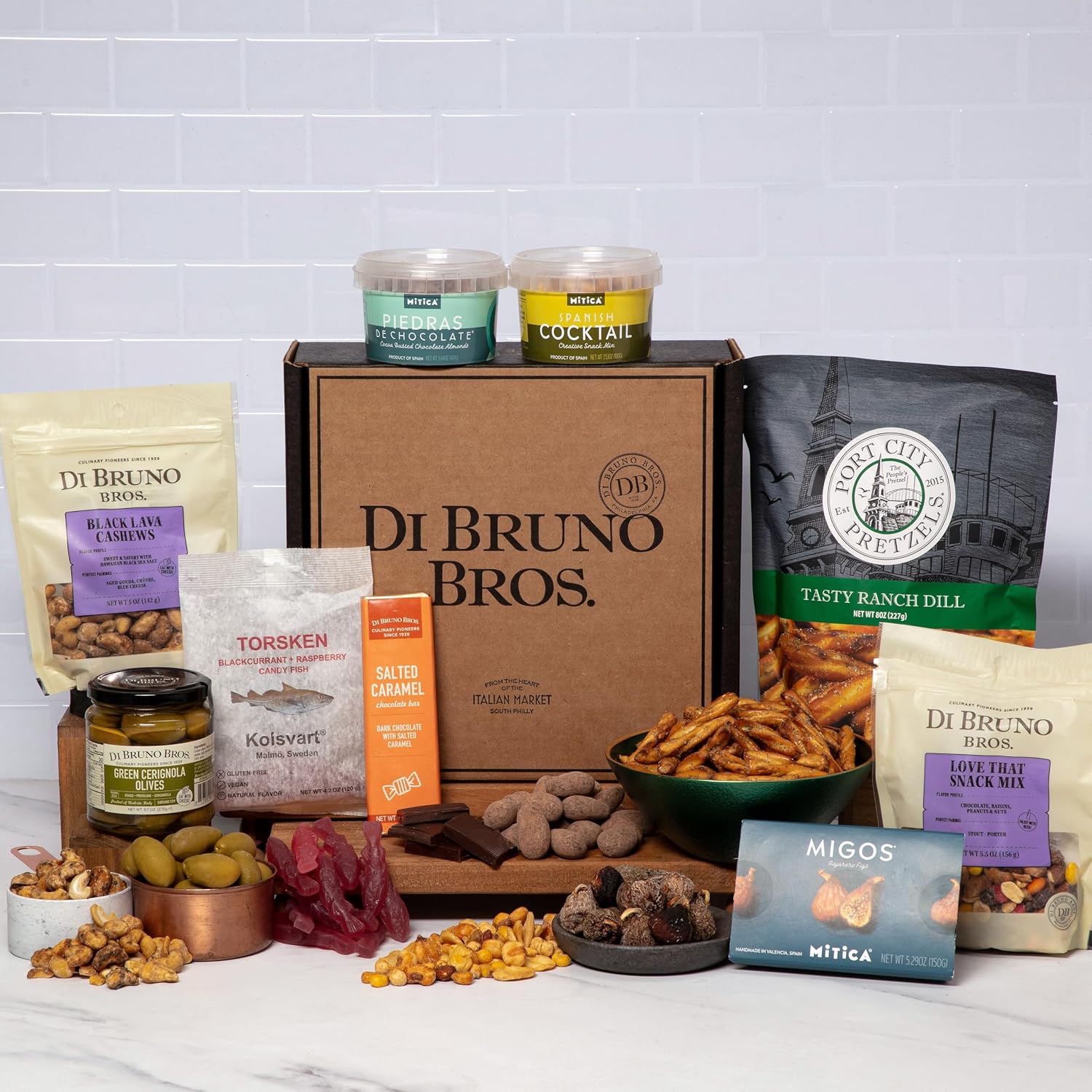 Di Bruno Bros Binge Watch Gift Box: Ultimate Holiday Snack Box with Gourmet Chocolate, Pretzels, Nuts, Figs, Swedish Fish, and More—Perfect for Holiday Gifts!