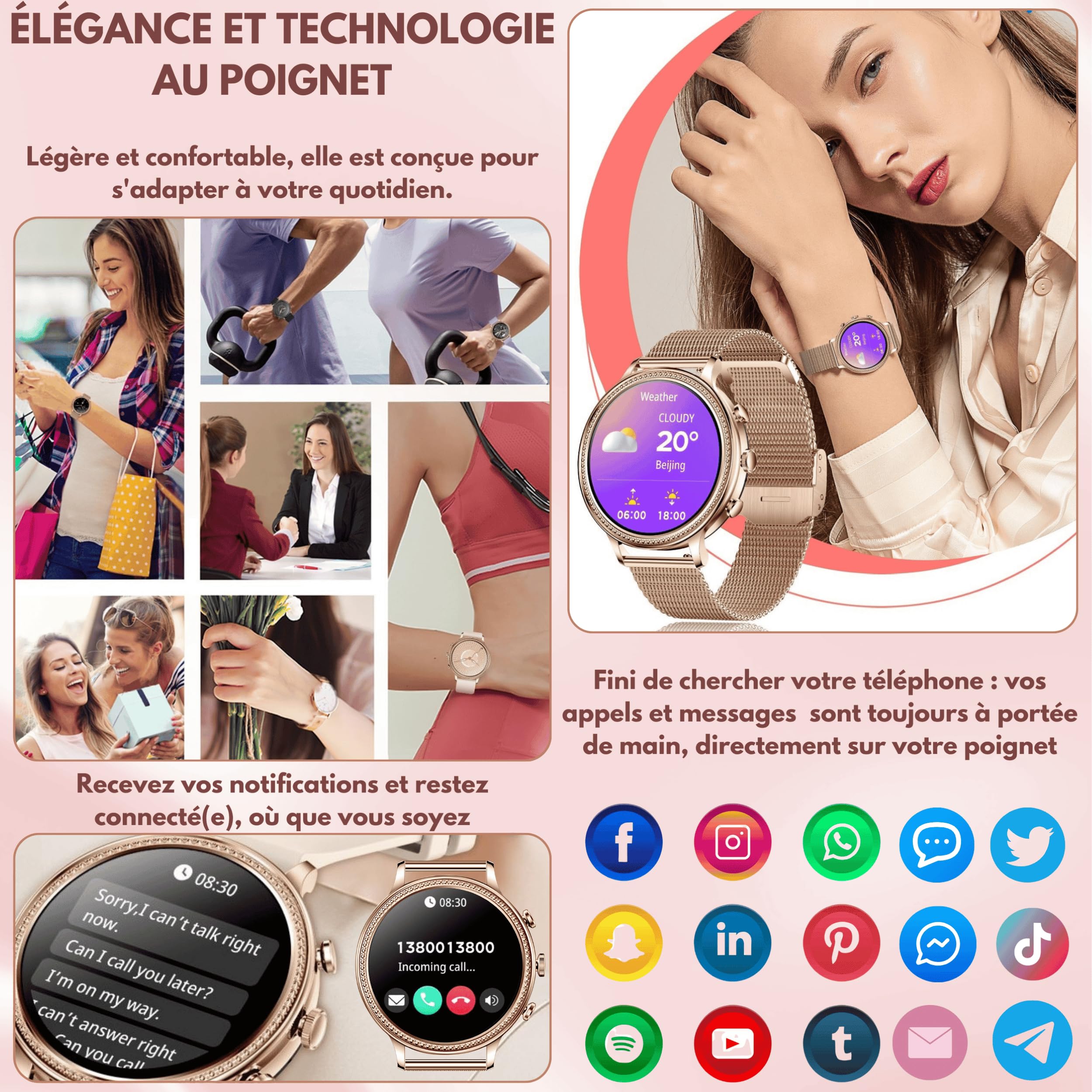 Elegante orologio da donna e da uomo con chiamata Bluetooth, schermo da 1,39 pollici, IPS, impermeabile IP67, Smartwatch, monitoraggio della salute (frequenza cardiaca, tensione, sonno, pedometro),