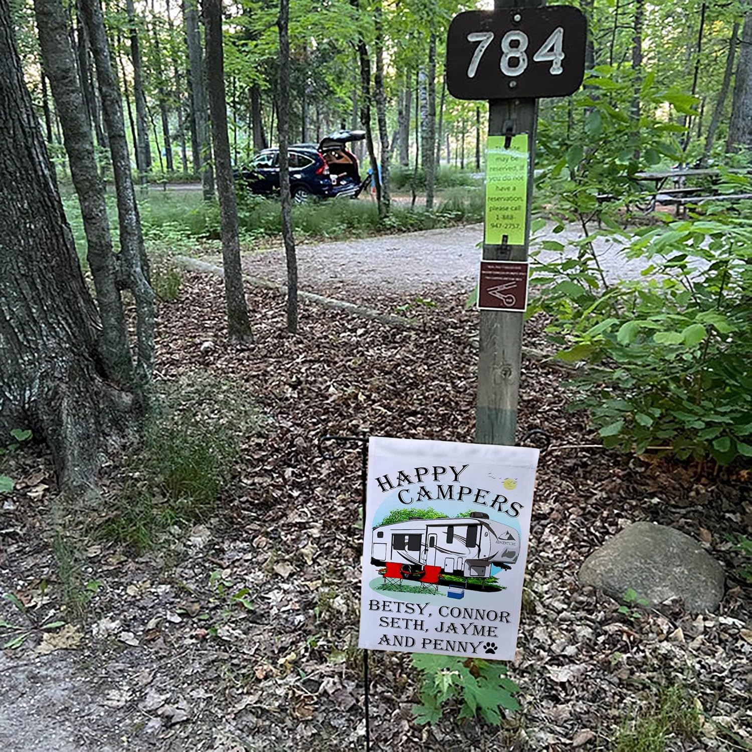 Happy Campers Personalized Camping Flag with White 5th Wheel Trailer and 3 Lines of Custom Text, Printed on White Fabric