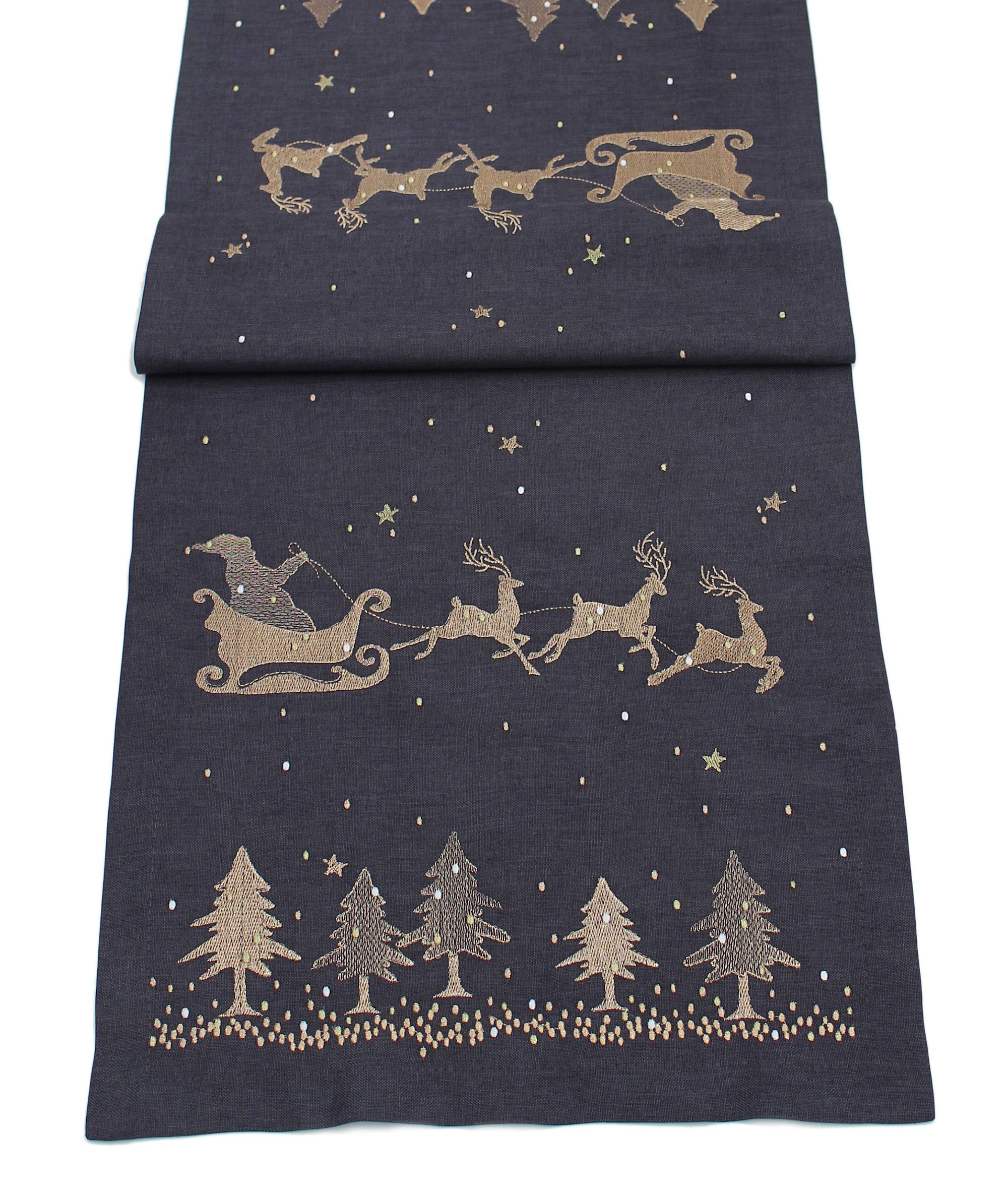 Peggy Wilkins Eventide Christmas Santa/Woodland Table Runner Pewter/Copper 14" x 75"