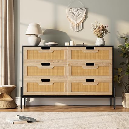 GarveeHome Natural Rattan 6 Drawer Double Dresser, Wooden Chest of Drawer, Farmhouse Storage Cabinet with Solid Metal Legs, Modern Storage Unit for Bedroom, Living Room, Entryway, Black+Oak