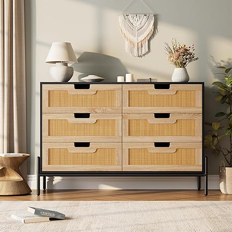 GarveeHome Natural Rattan 6 Drawer Double Dresser, Wooden Chest of Drawer, Farmhouse Storage Cabinet with Solid Metal Legs, Modern Storage Unit for Bedroom, Living Room, Entryway, Black+Oak