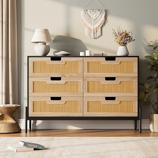 GarveeHome Natural Rattan 6 Drawer Double Dresser, Wooden Chest of Drawer, Farmhouse Storage Cabinet with Solid Metal Legs, Modern Storage Unit for Bedroom, Living Room, Entryway, Black+Oak