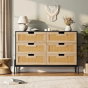 GarveeHome Natural Rattan 6 Drawer Double Dresser, Wooden Chest of Drawer, Farmhouse Storage Cabinet with Solid Metal Legs, Modern Storage Unit for Bedroom, Living Room, Entryway, Black+Oak