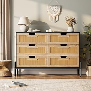 GarveeHome Natural Rattan 6 Drawer Double Dresser, Wooden Chest of Drawer, Farmhouse Storage Cabinet with Solid Metal Legs, Modern Storage Unit for Bedroom, Living Room, Entryway, Black+Oak