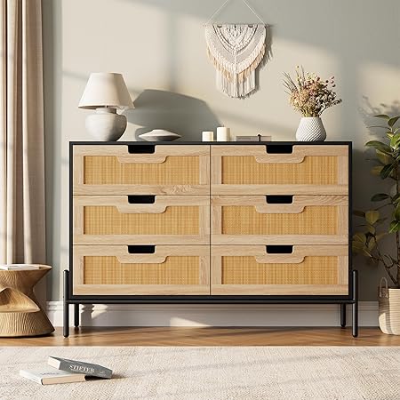 GarveeHome Natural Rattan 6 Drawer Double Dresser, Wooden Chest of Drawer, Farmhouse Storage Cabinet with Solid Metal Legs, Modern Storage Unit for Bedroom, Living Room, Entryway, Black+Oak