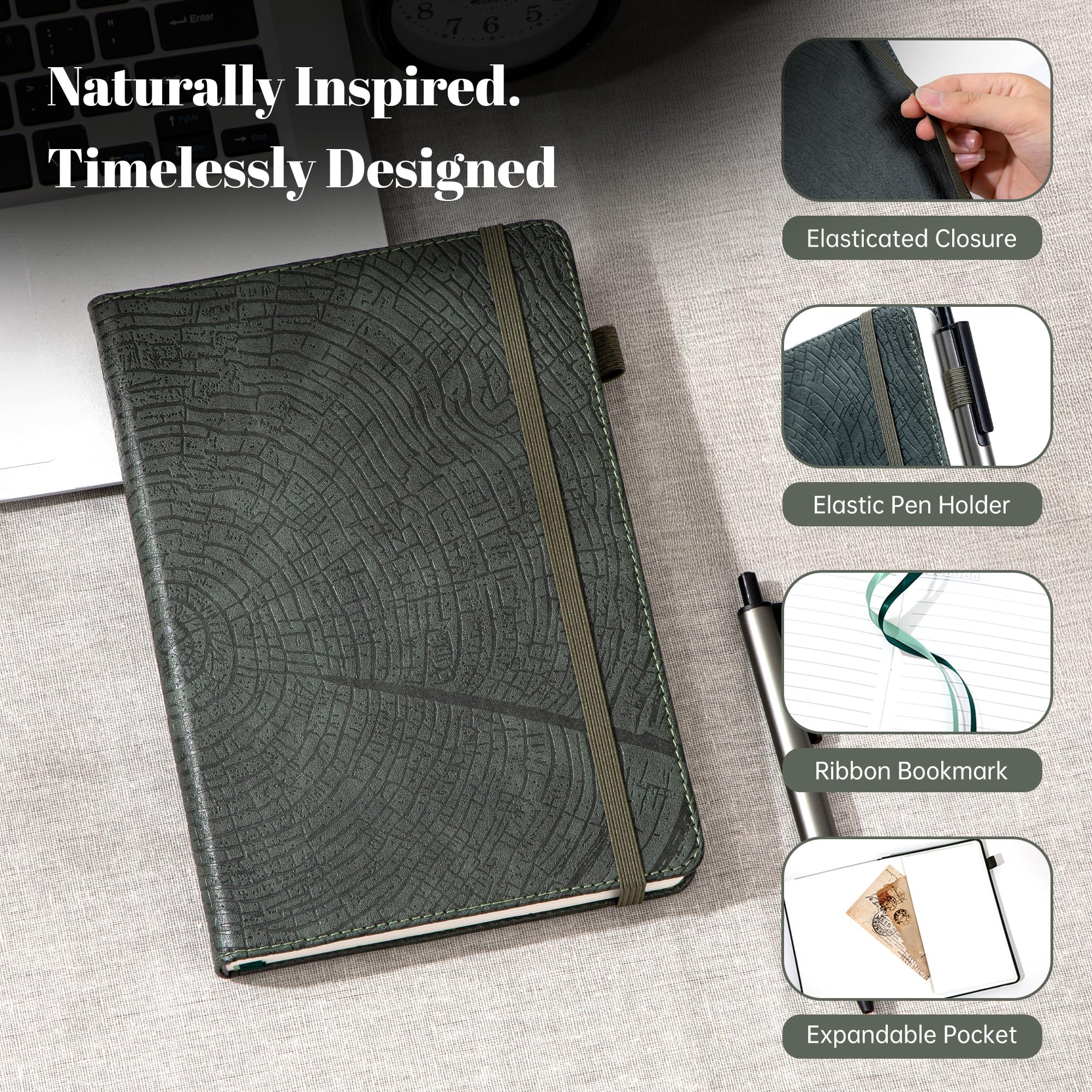 CAGIE Diario forrado para hombres y mujeres, cuaderno encuadernado de cuero con anillo de crecimiento de árboles, 256 páginas, 100 g/m², diarios para escribir, cuadernos de diario de tapa dura A5