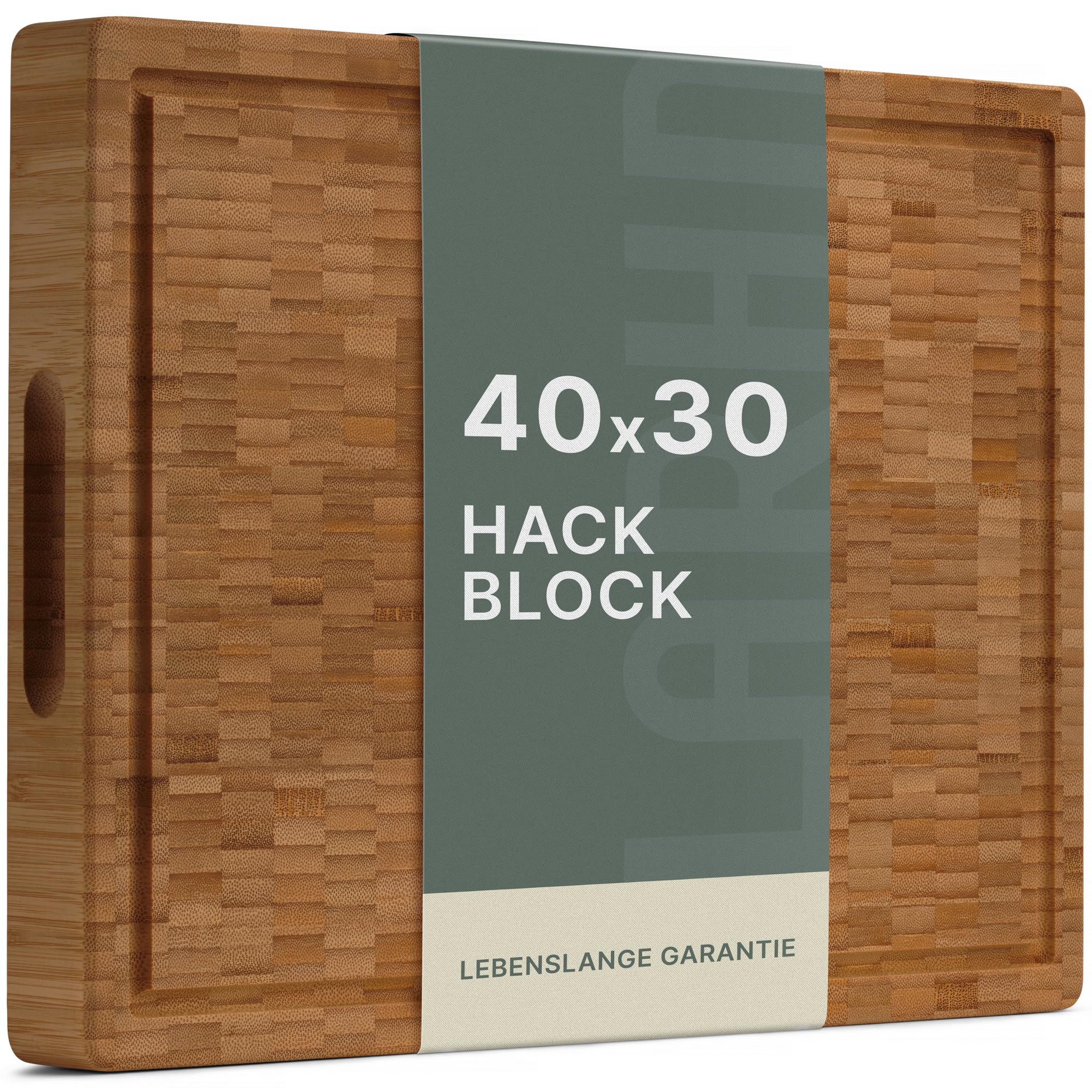 LARHN Stirnholz Hackblock Bambus massiv - 40x30x4 cm - Schneidebrett Holz | Messerschonend, Saftrille, Griff, vorgeölt, wendbar, plastikfrei, für Fleisch, Gemüse, Brot, Käse & Wurst