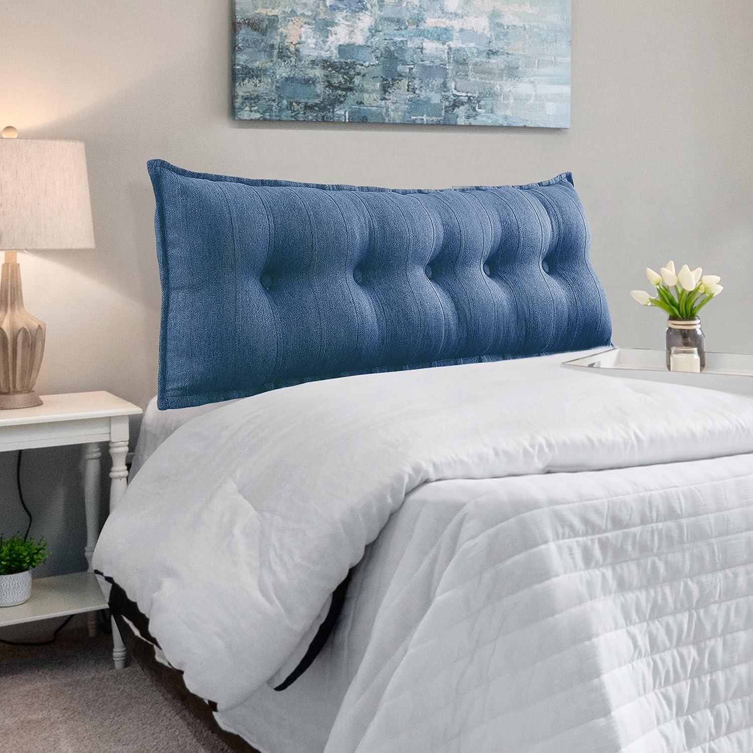 Reading Pillow for Adult, Long Bed Rest Back Support Cushion for Pregnancy, Extra Large Headboard Sitting Up Pillow for Watching TV, Gaming, Detachable Linen Cover Blue Full