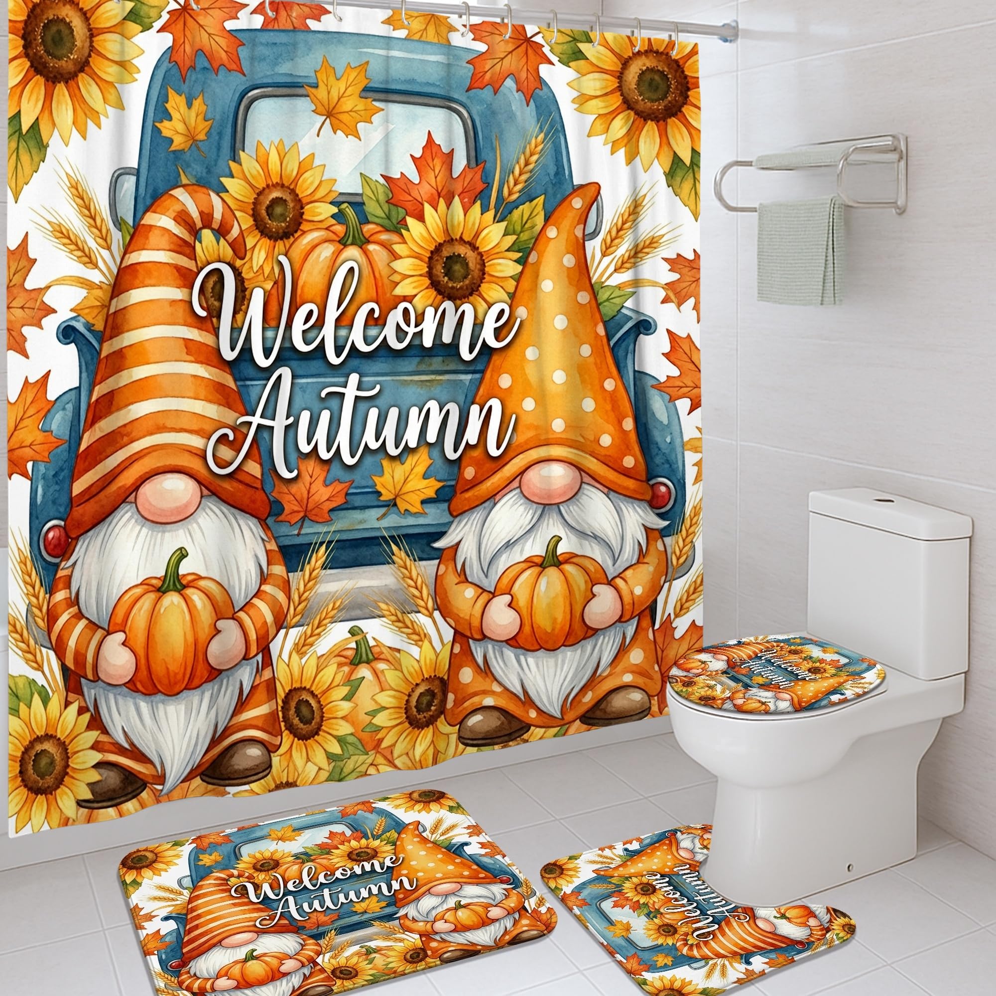 Rideau de douche lavable motif nain de tournesol avec crochets pour douche et baignoire