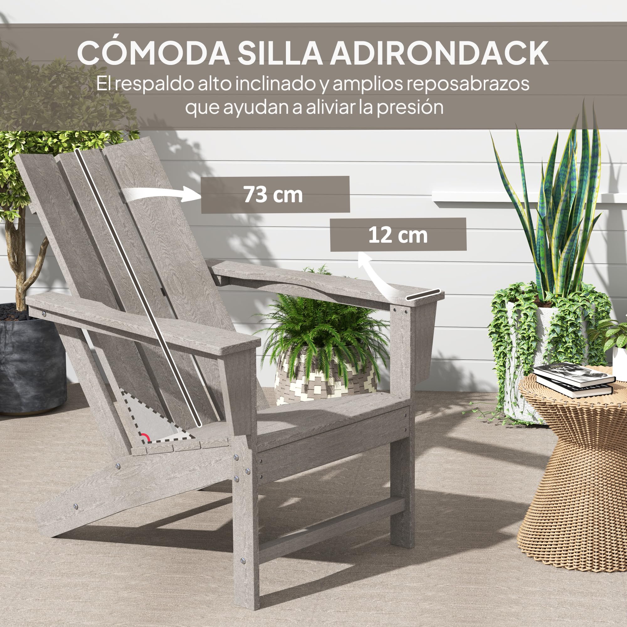 Outsunny Silla Adirondack Exterior con Asiento Extra Ancho Silla de Jardín para Patio Terraza Balcón Soporta 120 kg 75x83x90 cm Gris Oscuro