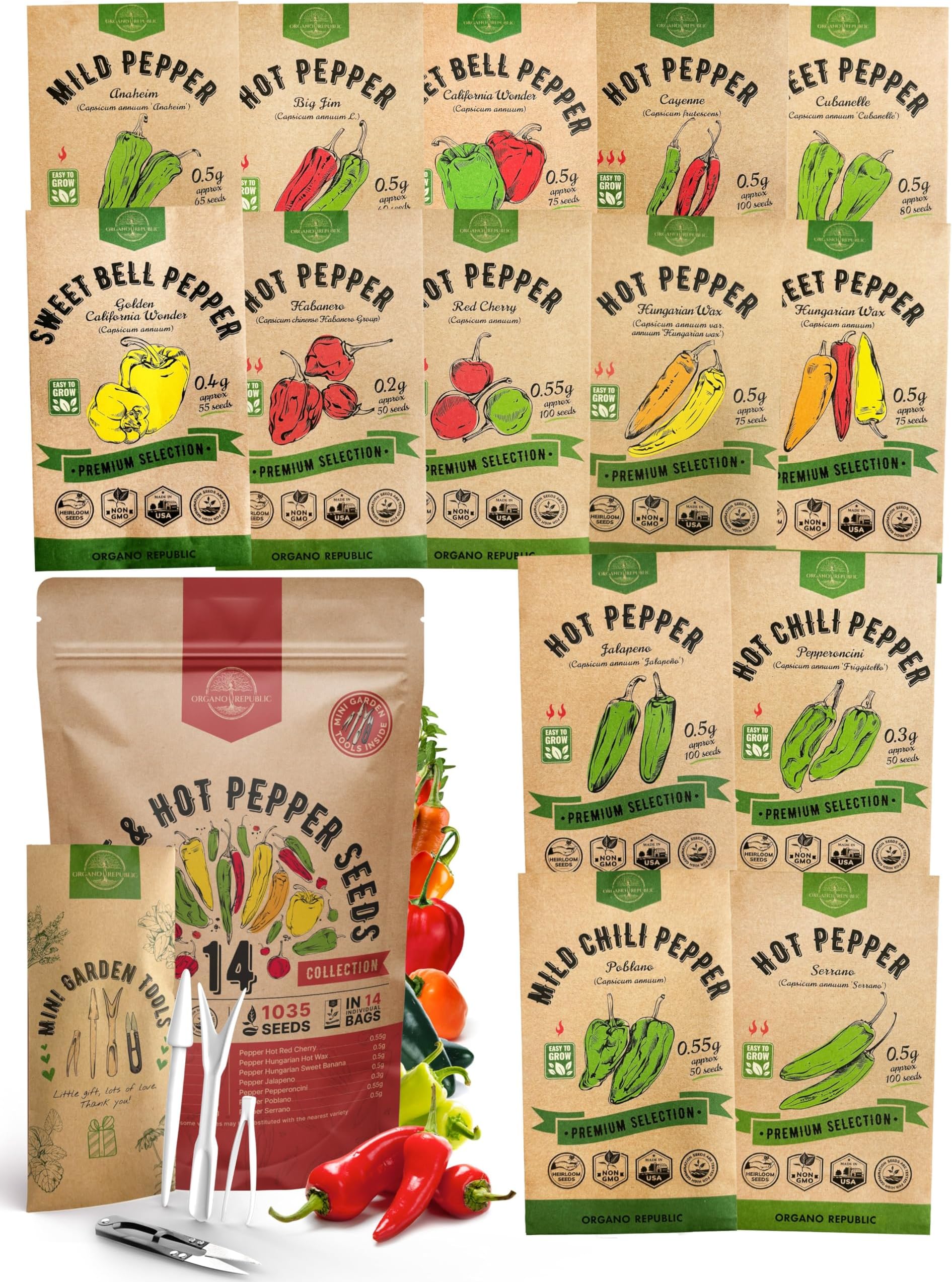 Organo Republic 14 Sweet & Hot Peppers Seeds Variety Pack 1030+ Seeds Non-GMO Peppers Seeds for Outdoor & Indoor Home Gardening Jalapeno Habanero Cayenne Serrano Poblano Cubanelle Pepperoncini