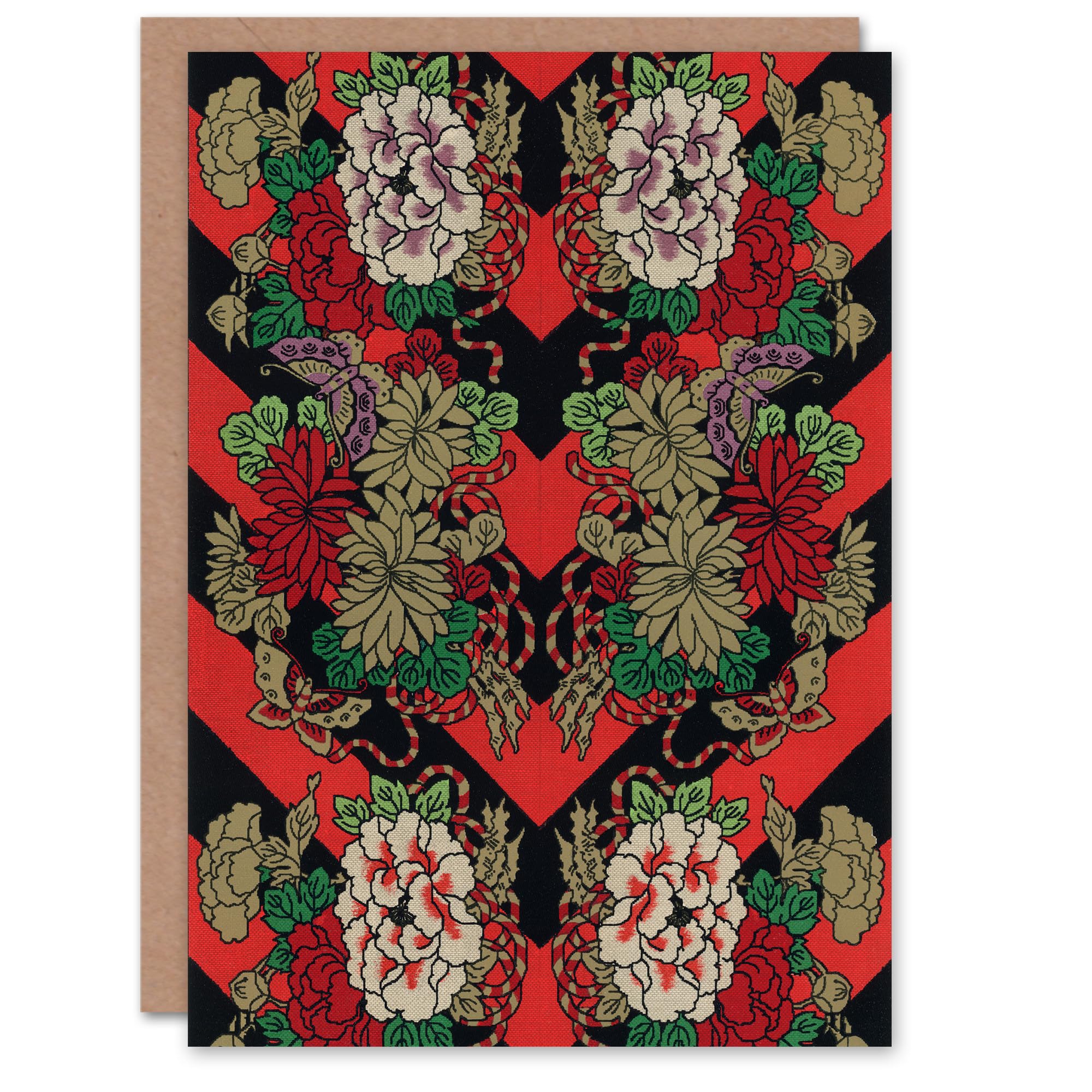Artery8 G A Audsley Art Card Japanese Red Fan Floral Pattern