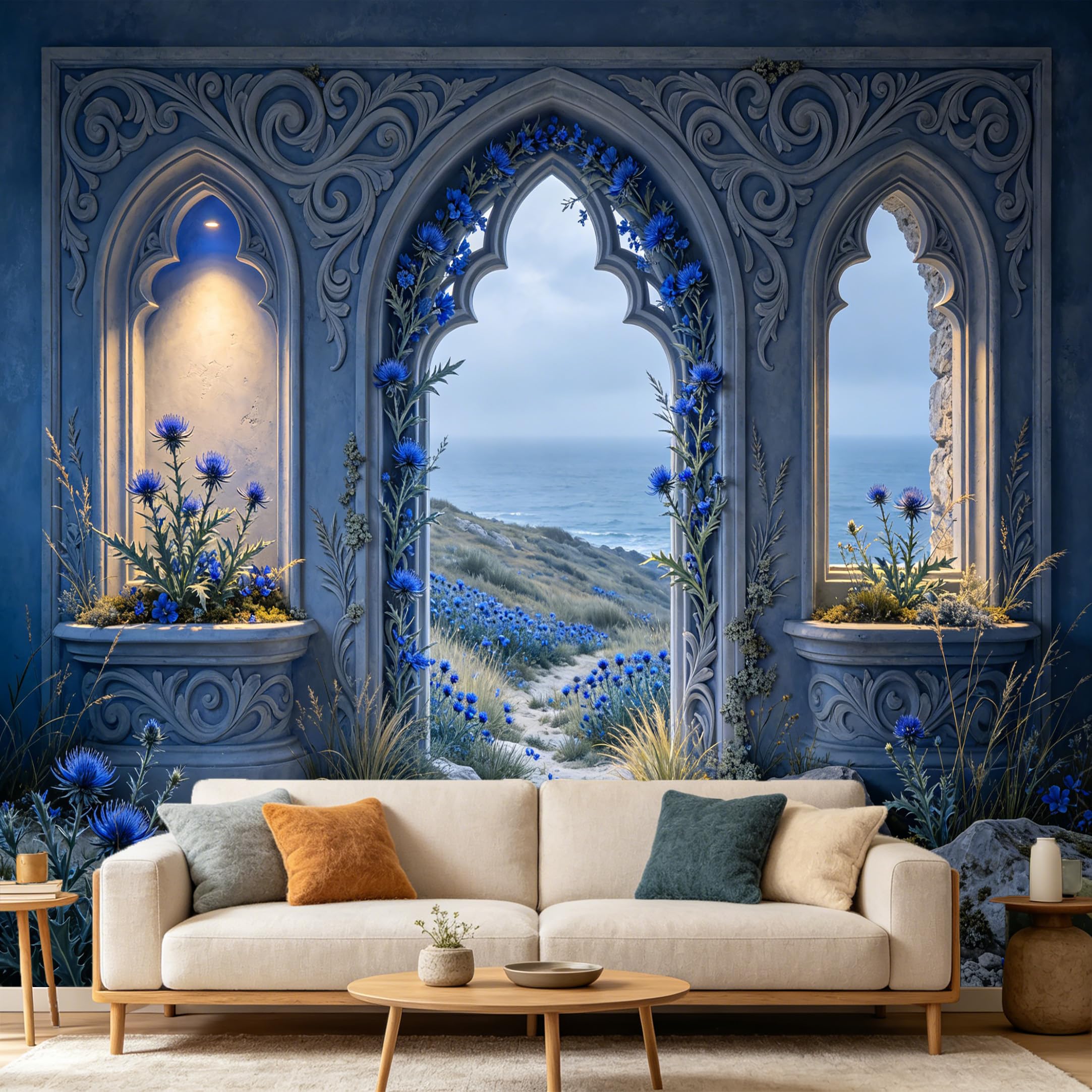 Custom Size Wall Mural， Mediterranean Stone Archway Sea View Blue Flowers， SelfAdhesive Art Prints wall Fabric Removable Large Wallpaper Home Living Room Decor