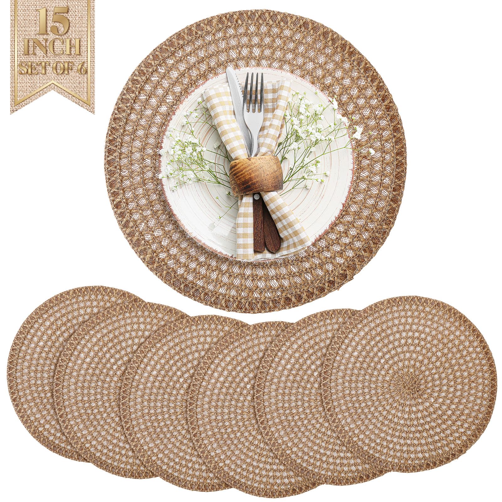 View 1 of Gandeer 6-Piece Round Jute Placemats, 15-Inch