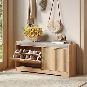 Maupvit 39.4" Fluted Shoe Bench with Storage, Narrow Entryway Bench,Natural