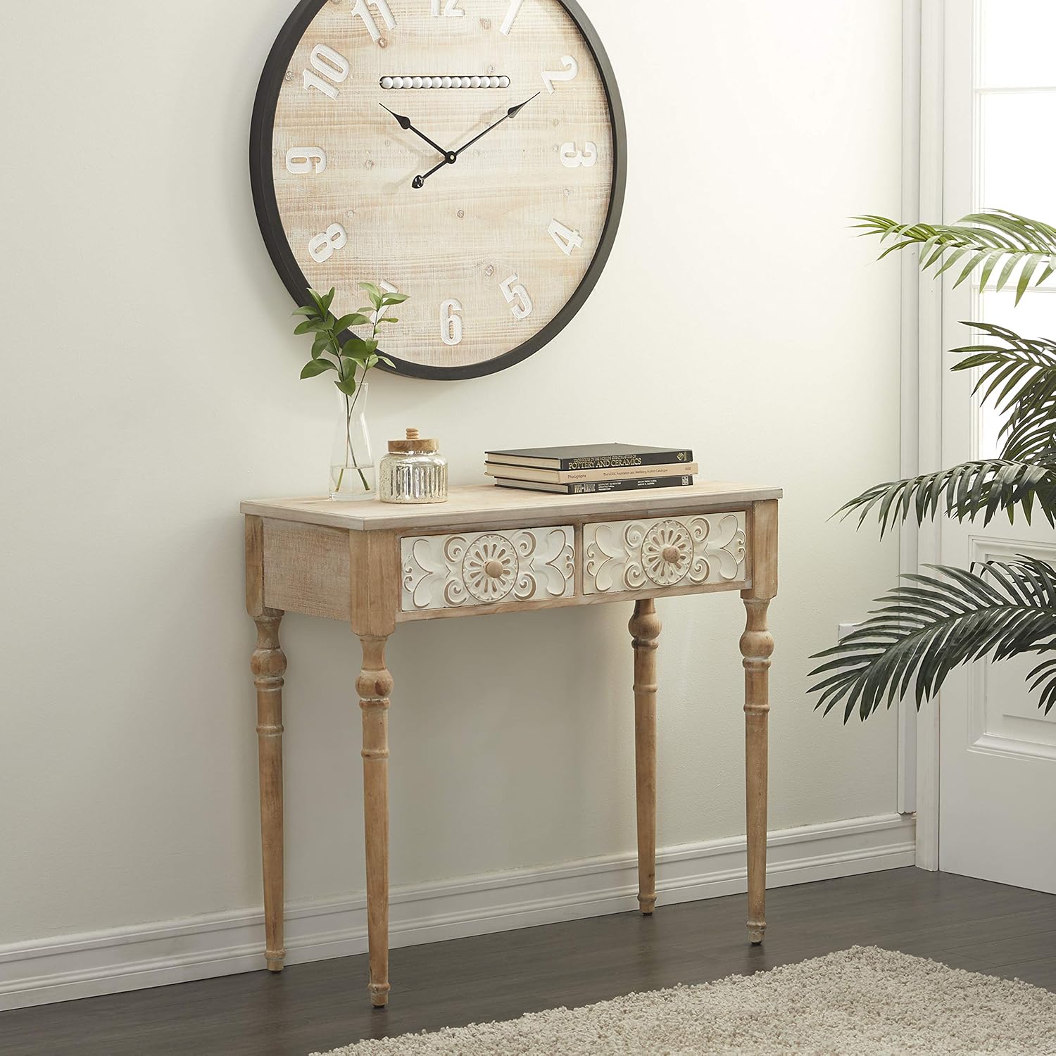deco 79 wood floral intricately carved 2 drawers console table, 36" x 16" x 33", brown