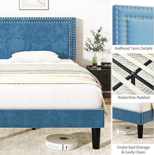 Miniatura 181 de VECELO Base de cama de tamaño matrimonial con cabecera tapizada ajustable, plataforma de listones de madera, diseño sin ruido, fácil montaje Negro