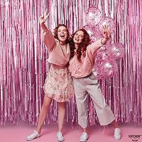 Vista 5 de KatchOn - Telón de fondo rosa para decoraciones de fiesta rosadas, extra grande de 6.4 x 8 pies, paquete de 2 Cortina de flecos de papel
