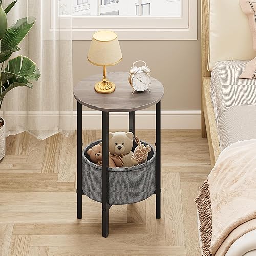 Miniatura 7 de Vagusicc Mesa auxiliar redonda con cesta de almacenamiento, mesita de noche redonda pequeña para espacios pequeños, mesa auxiliar ovalada alta con