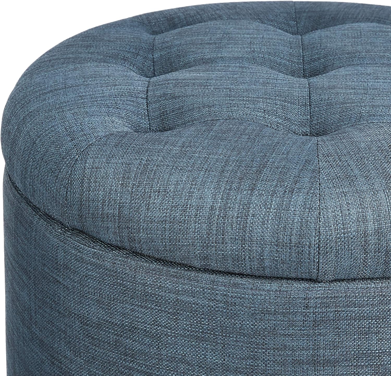 BAKAJI Pouf Contenitore Poggiapiedi in Legno con Scomparto Interno, Baule Portaoggetti con Seduta Imbottita, Sgabello Rotondo 51 x 51 x 43 cm Arredamento per Soggiorno, Cameretta (Blu Lino)