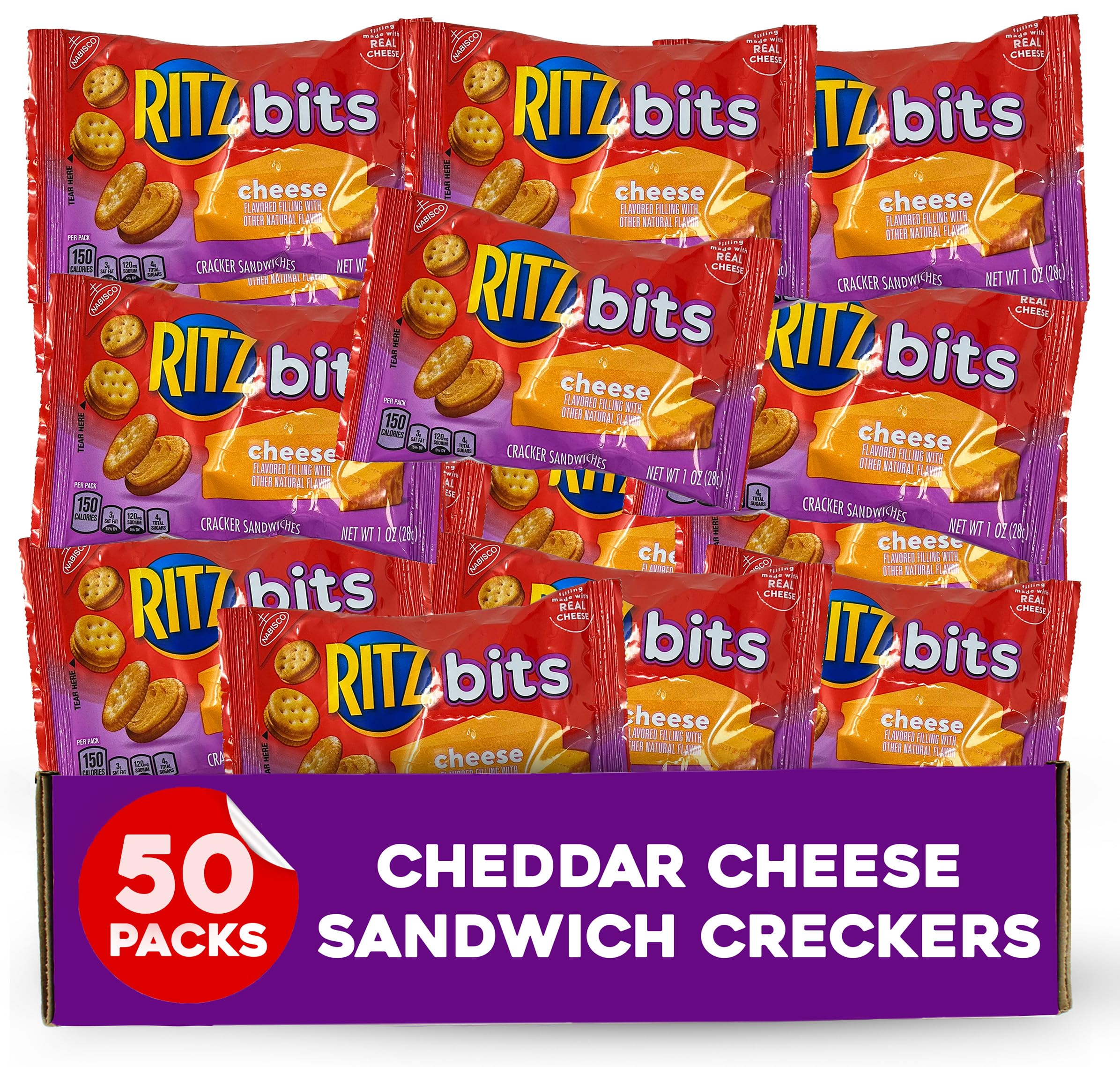 Ritzz Bits Cheddar Cheese Sandwich Crackers, 50 Pack, Individual Cheese Crackers, Snack Packs for Travel, Size for School and Office, Snacks, 1oz Bag