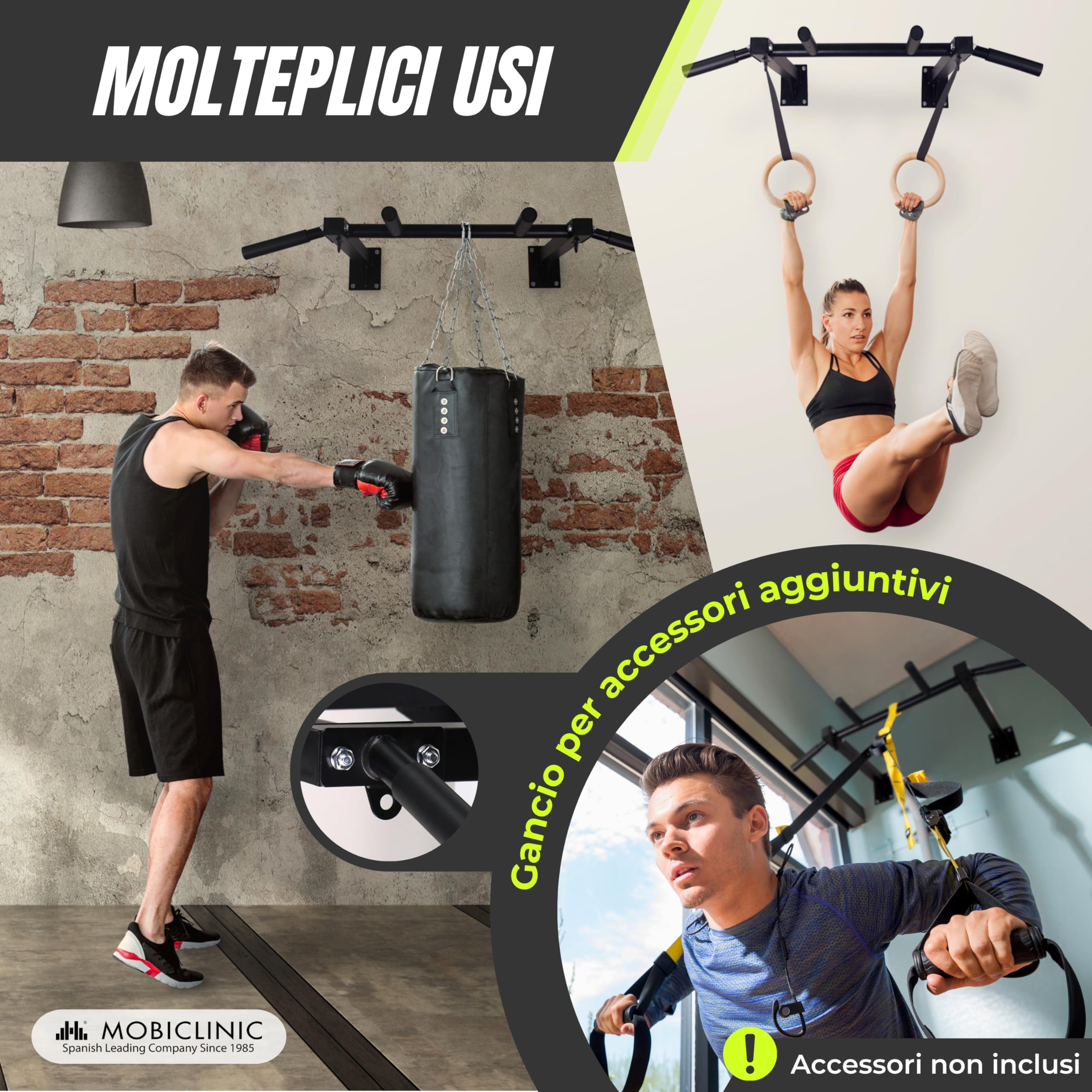 Mobiclinic® fitness, Barra per trazioni, K3, Parete, Kit di ancoraggio, Acciaio, Max. 250 kg, Esercizi forza, Impugnature in schiuma