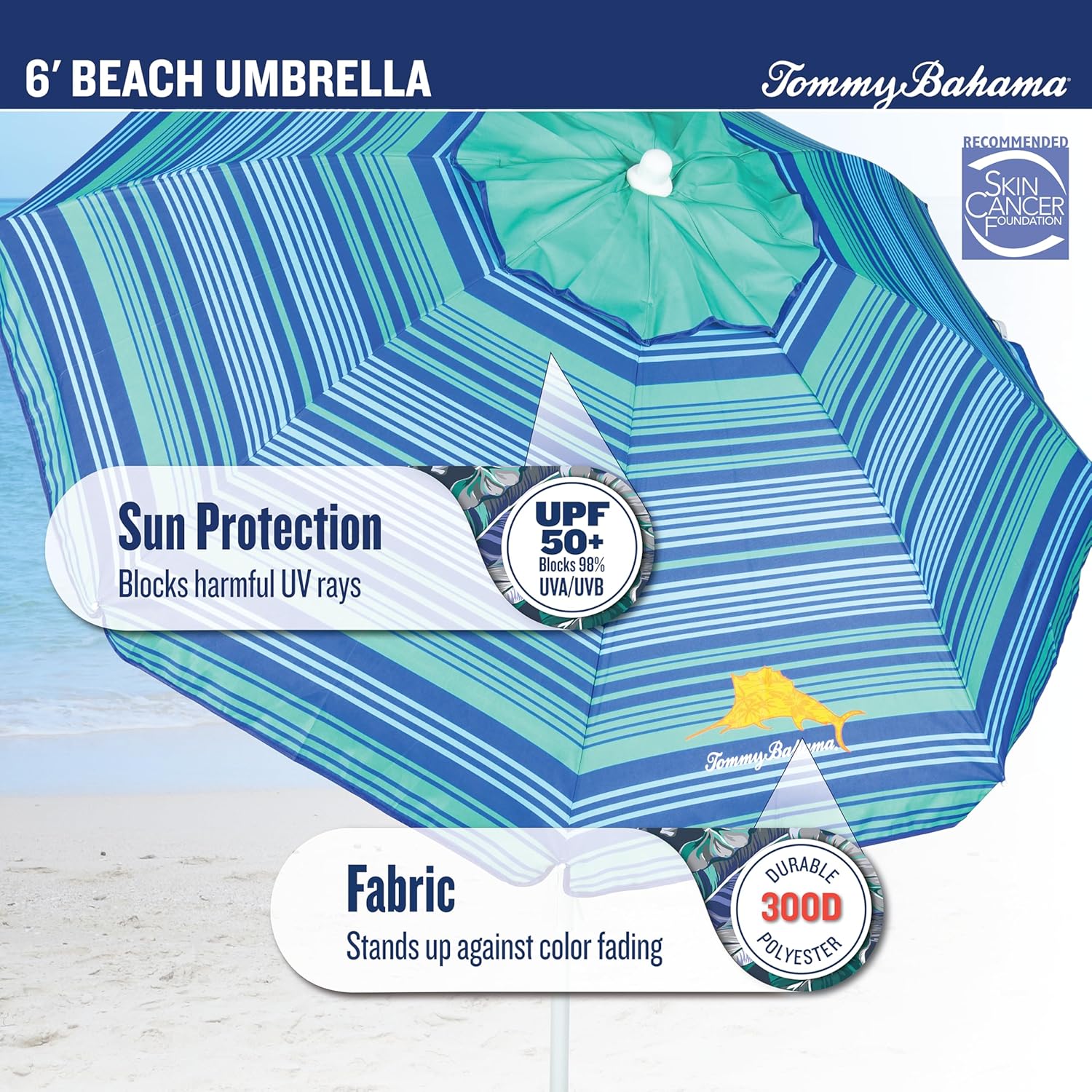 Tommy Bahama 6' UPF 50+ Tilt Beach Umbrella with Integrated Sand Anchor, Wind Vent, and Carry Bag