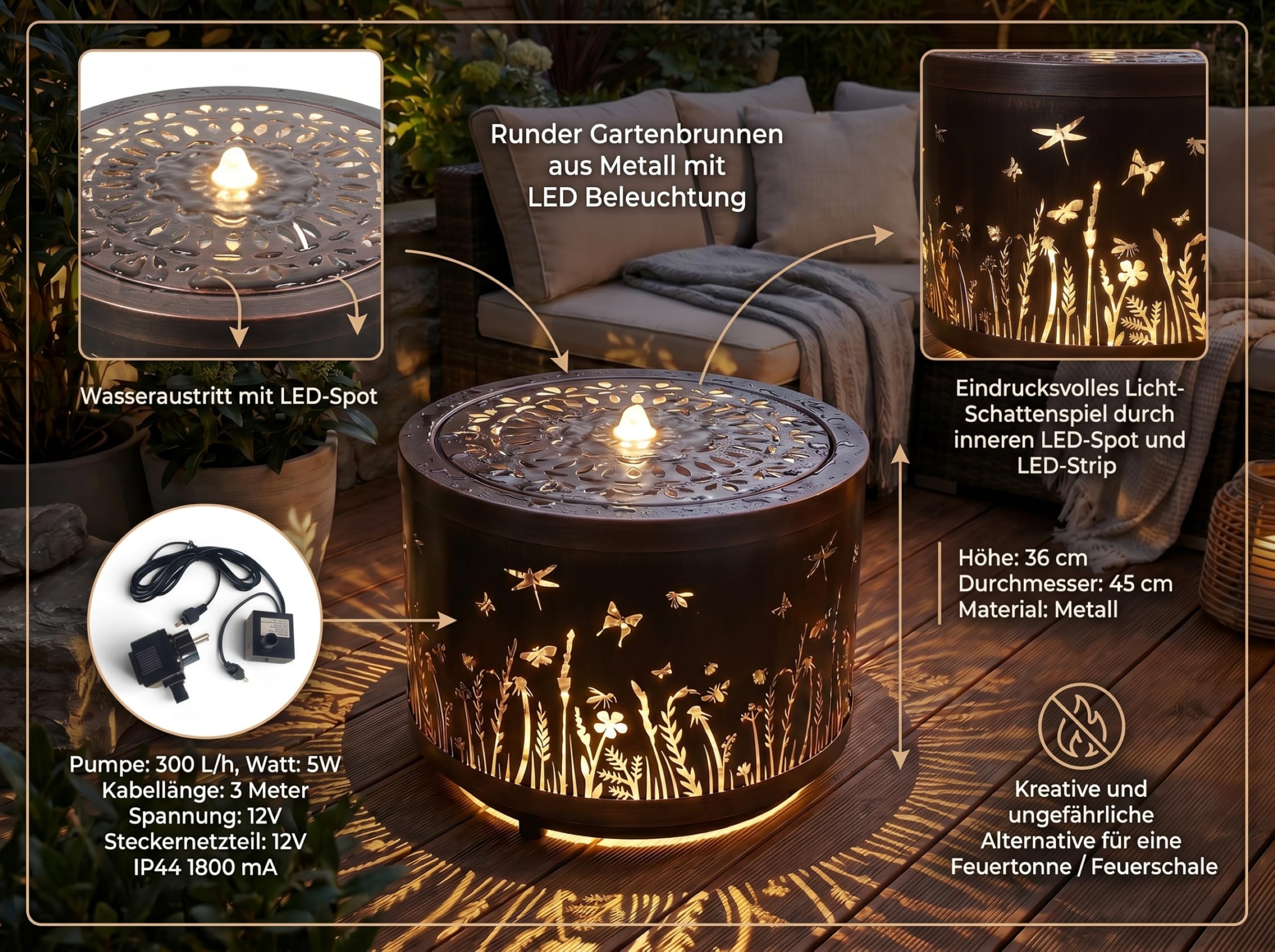 Gartenbrunnen mit LED Beleuchtung aus Metall runder Springbrunnen Wasserspiel Gartendeko