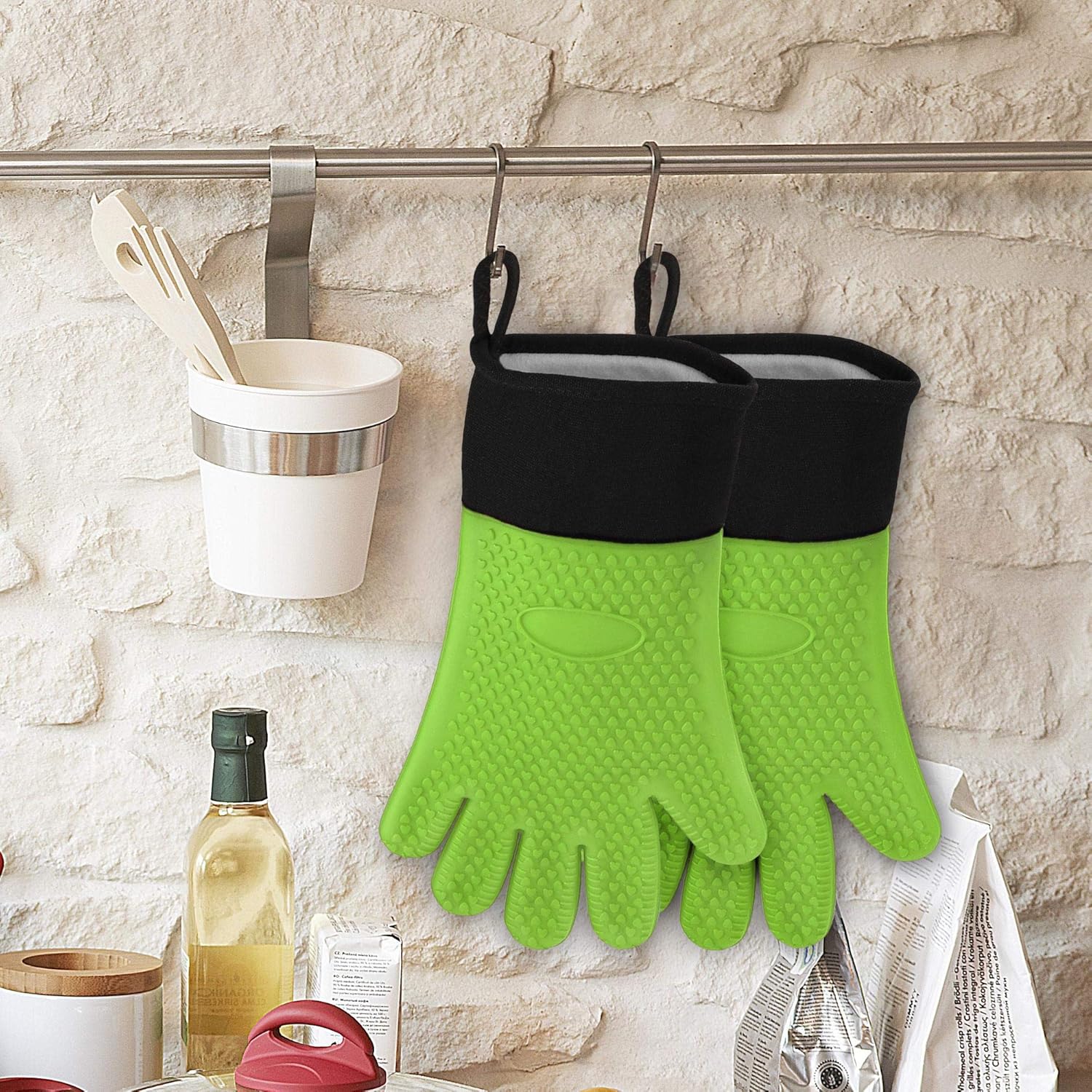 uxcell Silicone Oven Mitts, Heat Resistant Gloves Dutch Pot Holders, Kitchen Hand Protection, Non-Slip Grip Double Oven Gloves, with Hanging Loop, 1 Pair, Green