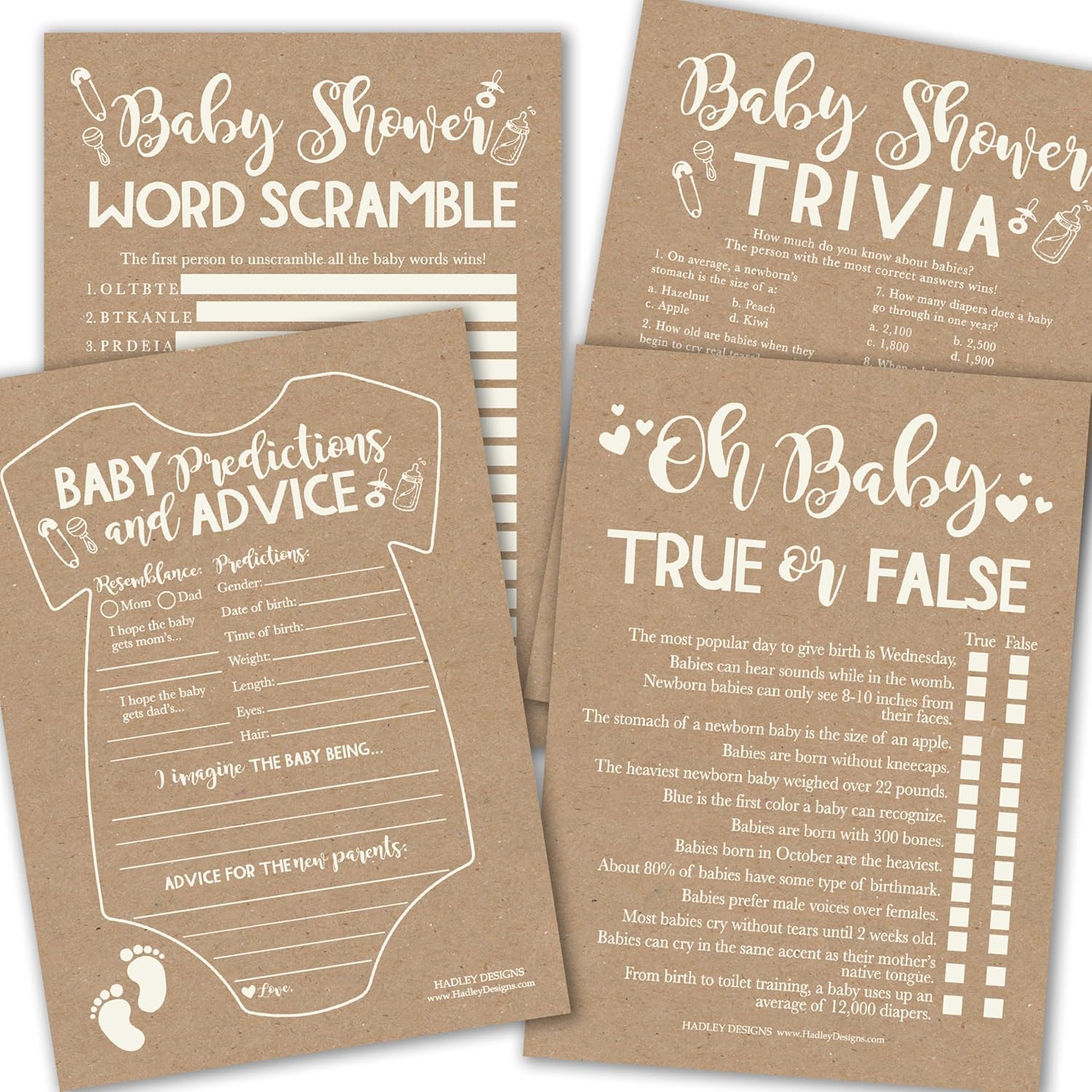 Hadley Designs Baby Shower Games for 25 Guests - Kraft Baby Predictions & Advice Cards for New Parents, Trivia Game, Word Scramble, True or False Babyshower Games Boy Girl Gender Neutral, Made in USA