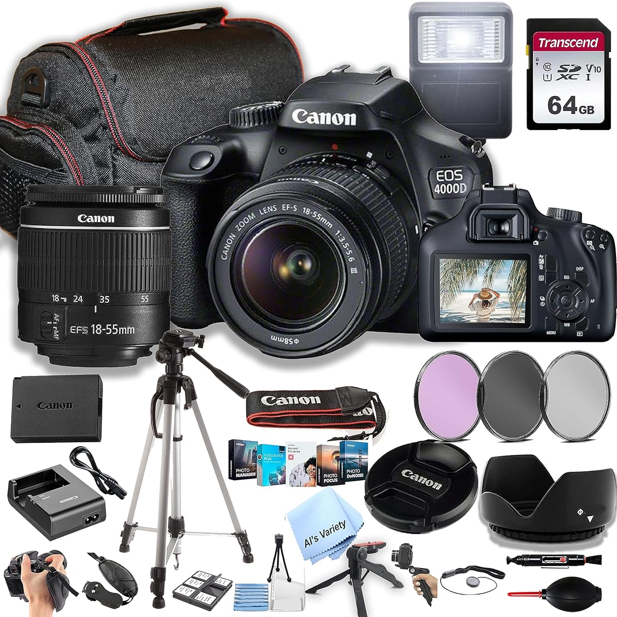 Amazon.com : Canon EOS 4000D / Rebel T100 DSLR Camera w/EF-S 18-55mm F/3.5-5.6 Zoom Lens + 64GB Memory, Filters,Case, Tripod, Flash, and More (34pc Bundle) (Renewed) : Electronics