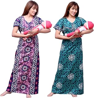 Ankona Feeding Nighty in Pure Cotton with 3 zips First Zip on Neck for Comfortable Wearing & Other 2 zips on Front for Fee... Price In India