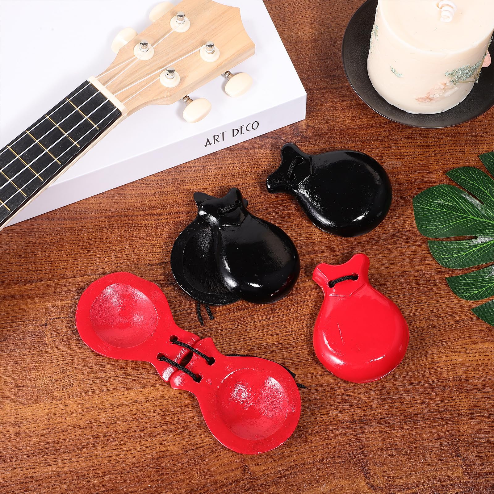 Nacchere in Legno per Bambini, Strumento Musicale Percussioni Suono Nitido, Set 2 Paia Colore Nero e Rosso, Giocattolo Educativo per Apprendimento Musicale e Sviluppo Ritmico