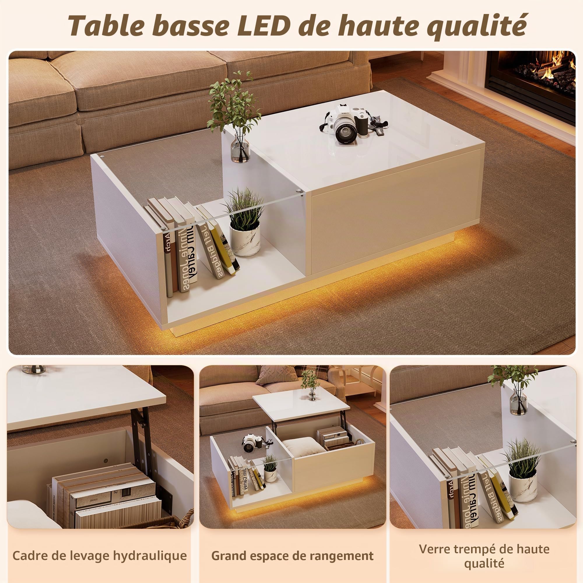 Merax Table basse de salon avec plateau réglable en hauteur, moderne table basse extensible avec LED, table de salon avec espace caché et vitrine en verre, table basse pour salon, bureau