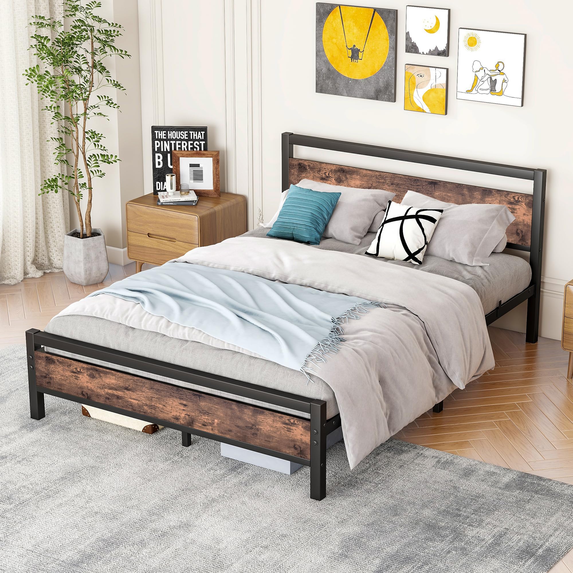 Telaio letto 160 x 200 cm, in metallo e legno, letto in metallo con rete a doghe, letto per ragazzi e ragazzi, 160 x 200 cm, con testiera, in metallo marrone e nero