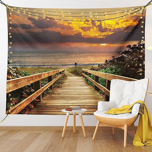 Miniatura 9 de Ambesonne Tapiz de paisaje, muelle de madera a la tranquila playa idílica con hierbas y arbustos al atardecer mar, colgante de pared para