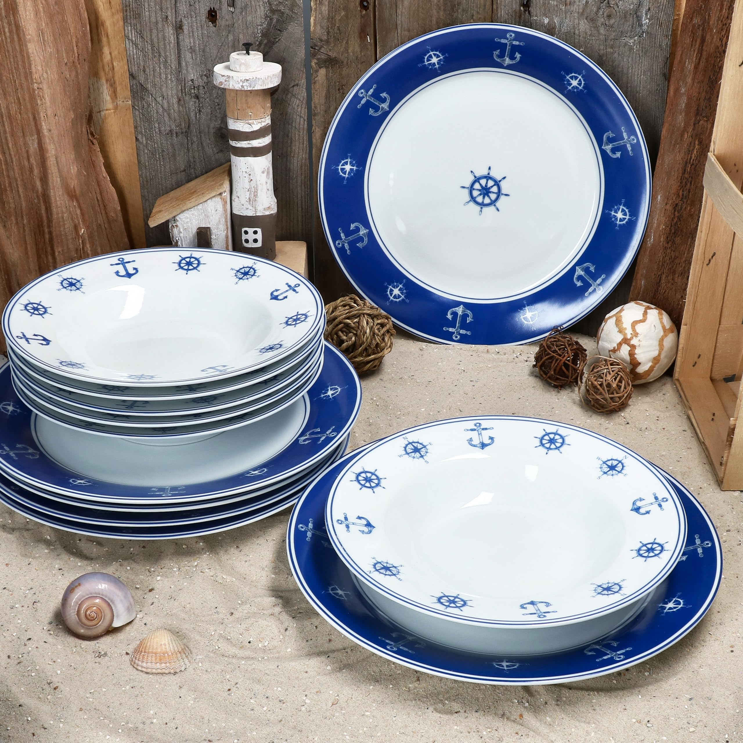 MamboCat AHOI 12tlg Tafelservice I blau-weißes Porzellan-Geschirr mit nautischen Motiven Anker & Co für 6 Personen I 6X Suppenteller & 6X Speiseteller für Frühstück, Mittag & Abendbrot