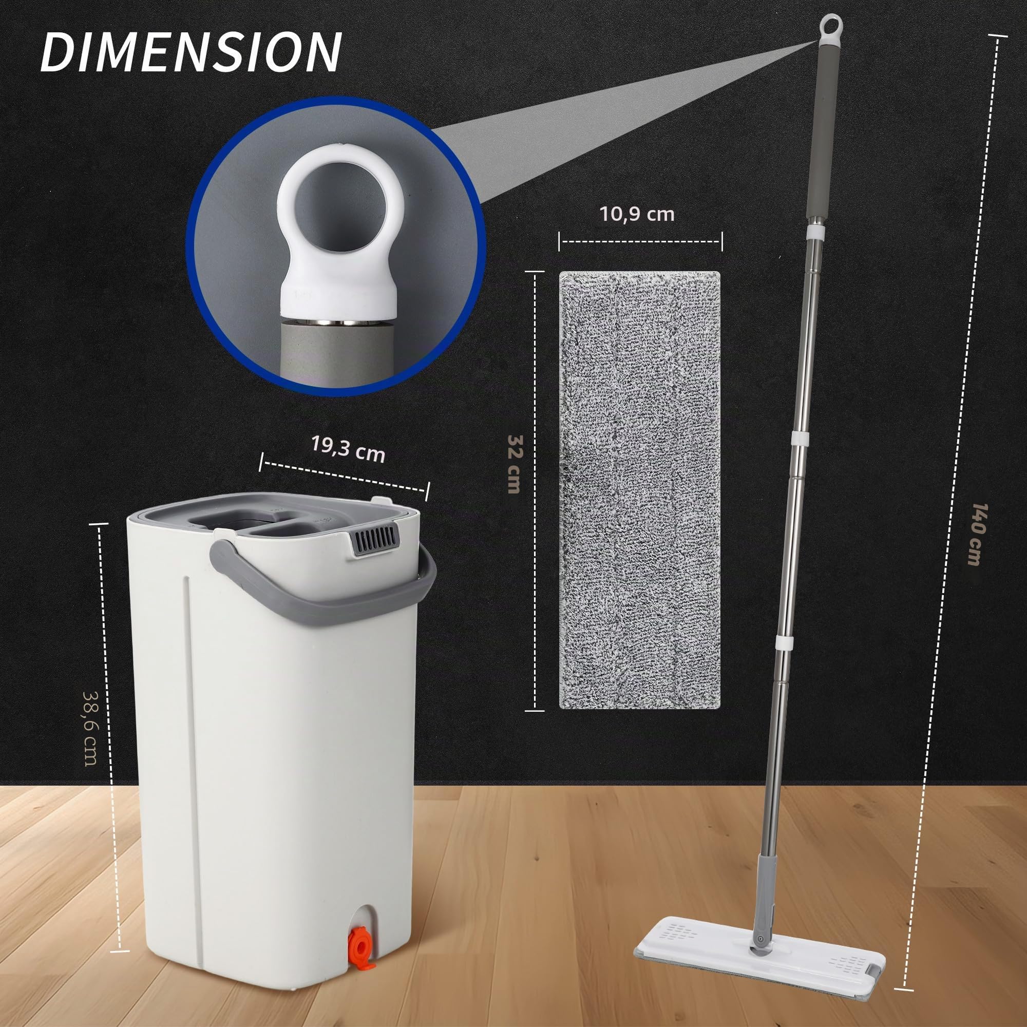 Serpillere Microfibre, Balai Serpillère et Seau Serpillere 2 en 1, Seau Essoreur avec 5 tampons en Microfibre lavables et poignée réglable en Acier Inoxydable, Mop Utilisation Humide et sèche, Blanc