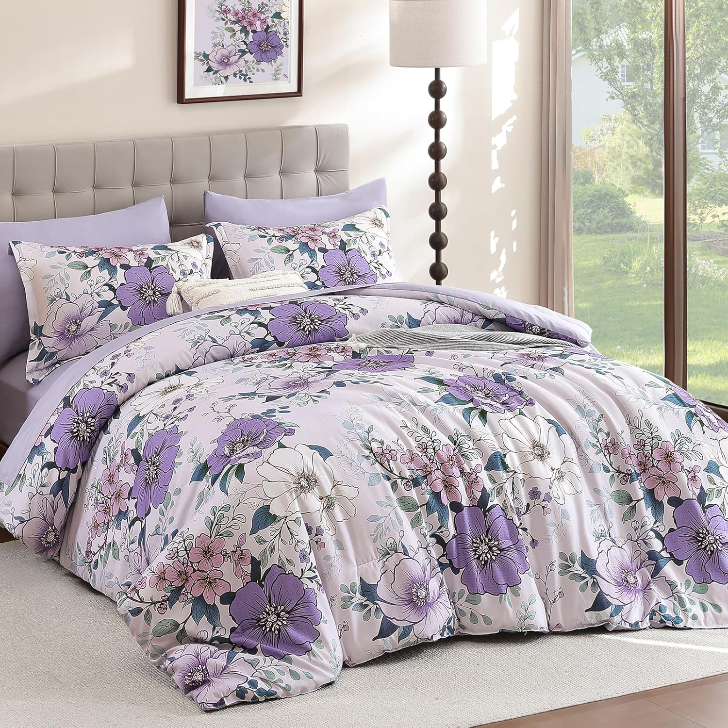 Xruibed Purple Floral Comforter Set King Size 7 Pieces Bed in a Bag Flower Comforter Set with Sheet, Pillowcases, Pillowshams, Soft Microfiber Bedding Set for All Season (King 104''x90'')