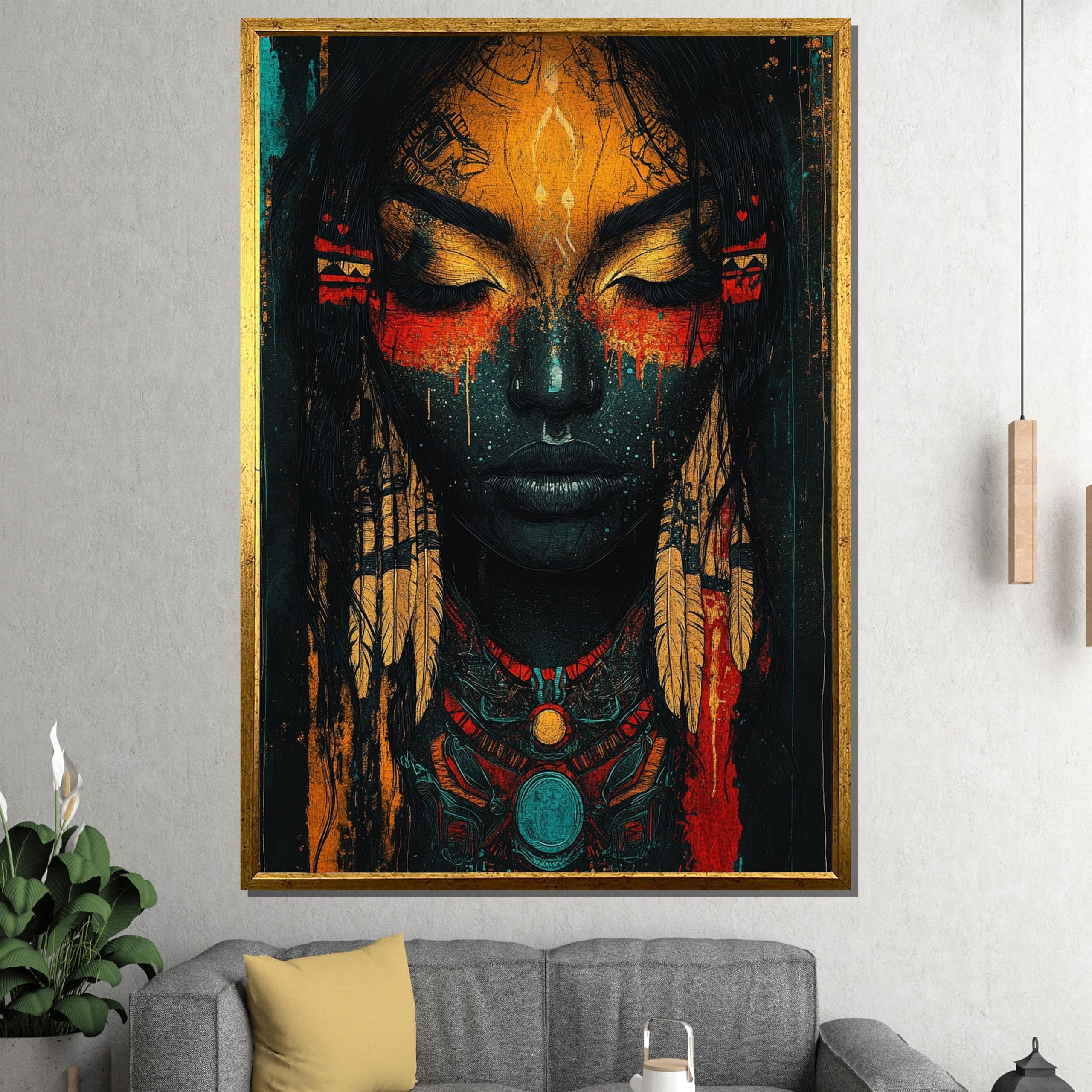 XINBAO Obraz na płótnie z plemienną kobietą - duchowy portret z piórami i kosmicznymi symbolami, dekoracja ścienna na płótnie do domu (80 x 120 cm, bez ramy)