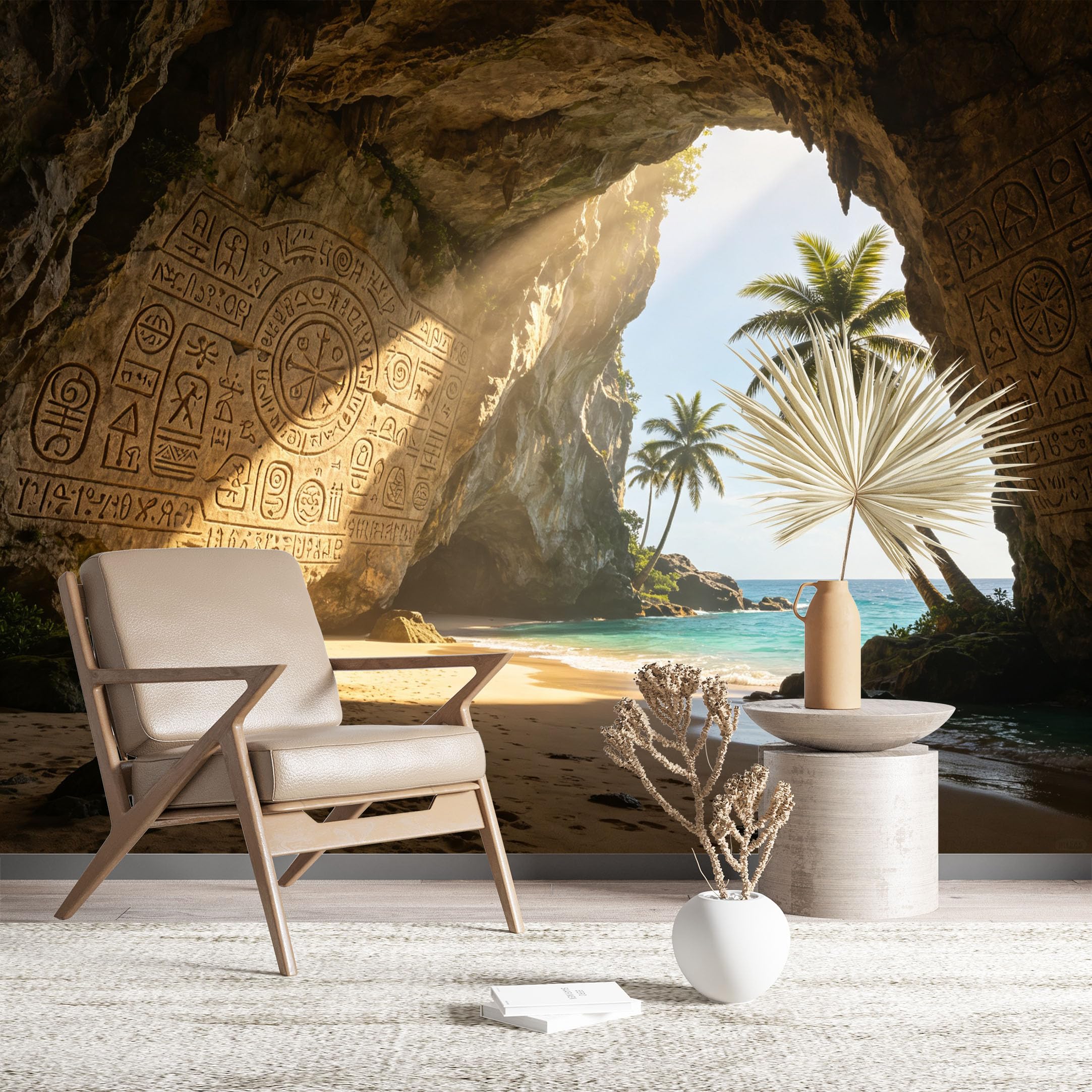 Custom Size Wall Murals Ancient Cave with Hieroglyphs and Tropical Beach Large Photo Wallpaper Self-Adhesive Wall Fabric (NO PVC) Removable Wallpaper