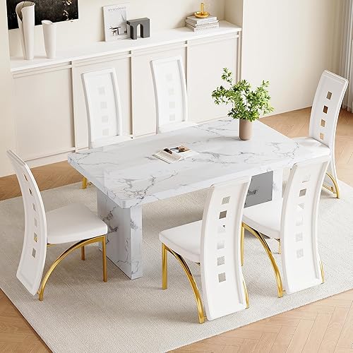 Miniatura 42 de Juego de mesa de comedor moderno para 6, juego de mesa de comedor blanco de 63 pulgadas para 6, tablero de mesa de cocina MDF con patrón de mármol y