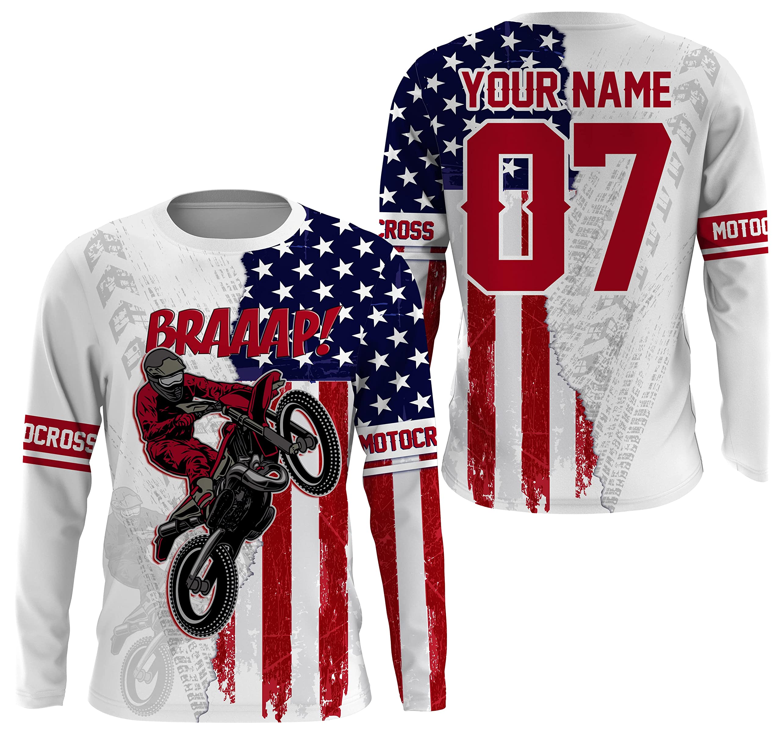 PIONAMZIOZ American Flag Motocross Jersey Personalized UPF30+ Brap Dirt Bike Riding Shirt Off-Road Motorcycle NMS531 (White)