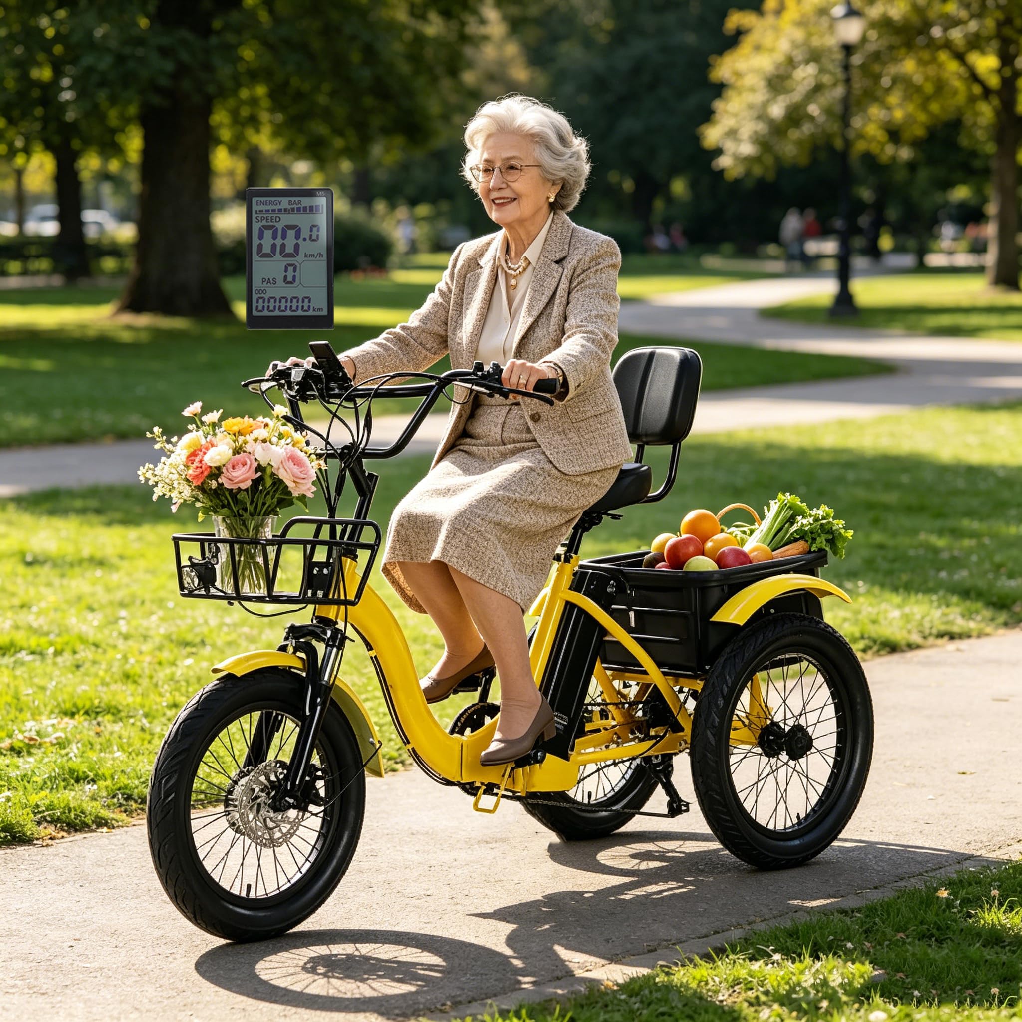 ZhouBSM Adult Electric Tricycle 18-inch Folding Electric Trike with Large Capacity Basket, 18"X3.0"Fat Tire E- Trike, LCD-Display, 48V 13Ah Lithium Battery - 44km Range Yellow