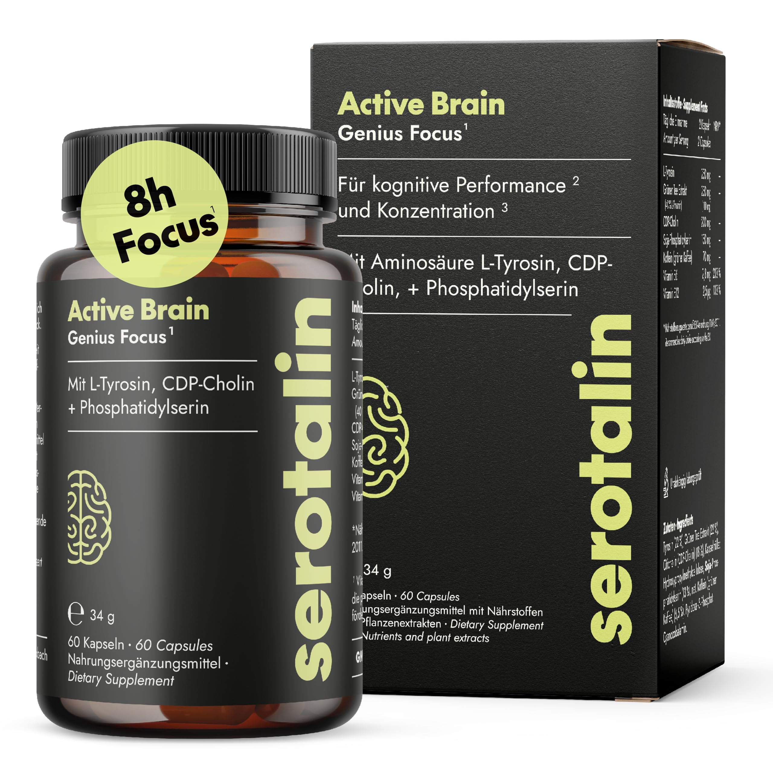 serotalin Active Brain Genius Focus | Estratto di caffeina, tè verde, L-teanina, L-tirosina e B12 ad alto dosaggio | 100% Vegan & Made in Germany | 60 capsule