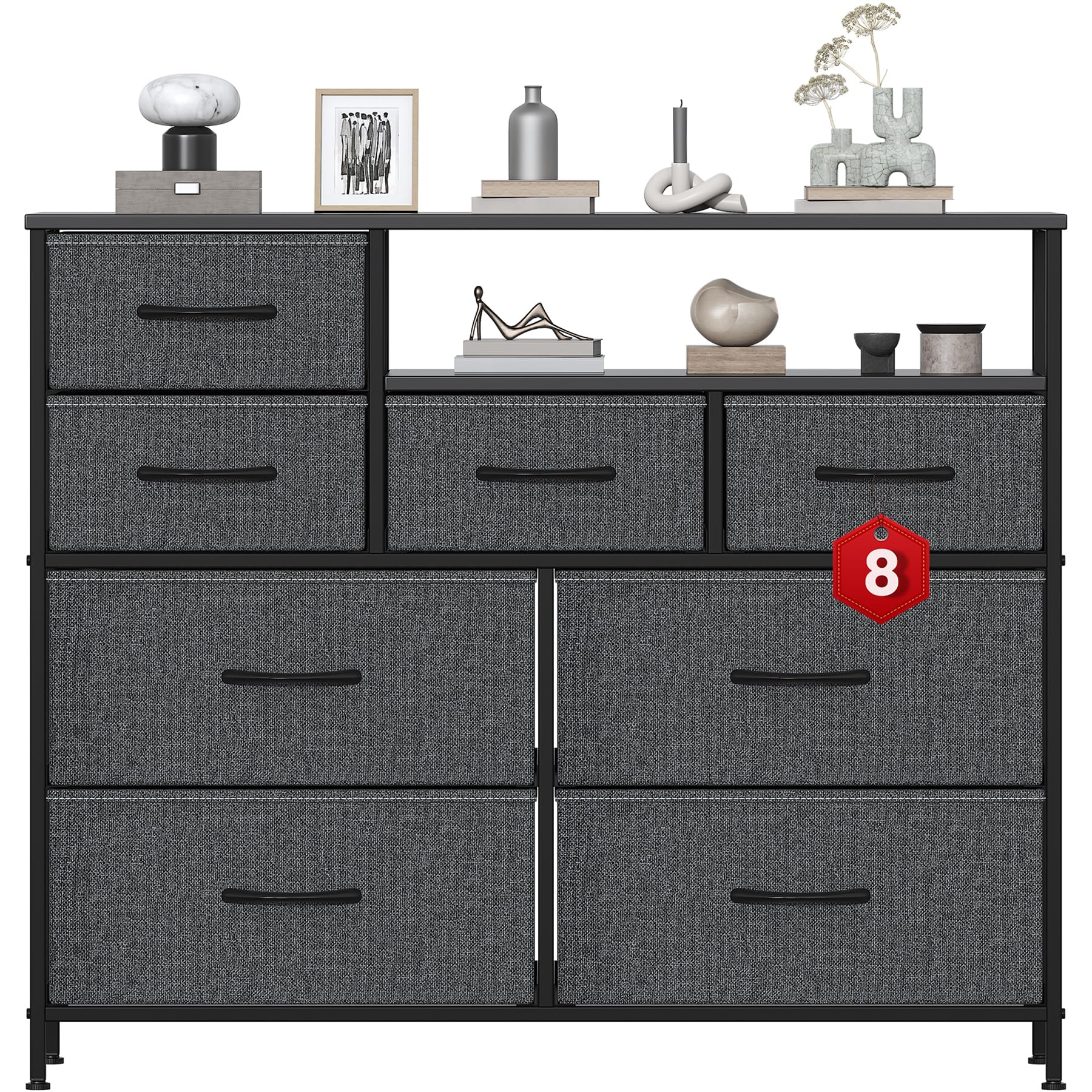 Feonase Chest of Drawers Bedroom, 8 Fabric Drawers with 2Top Open Shelves, Suitable for Bedrooms, Living Rooms(Light Gray)
