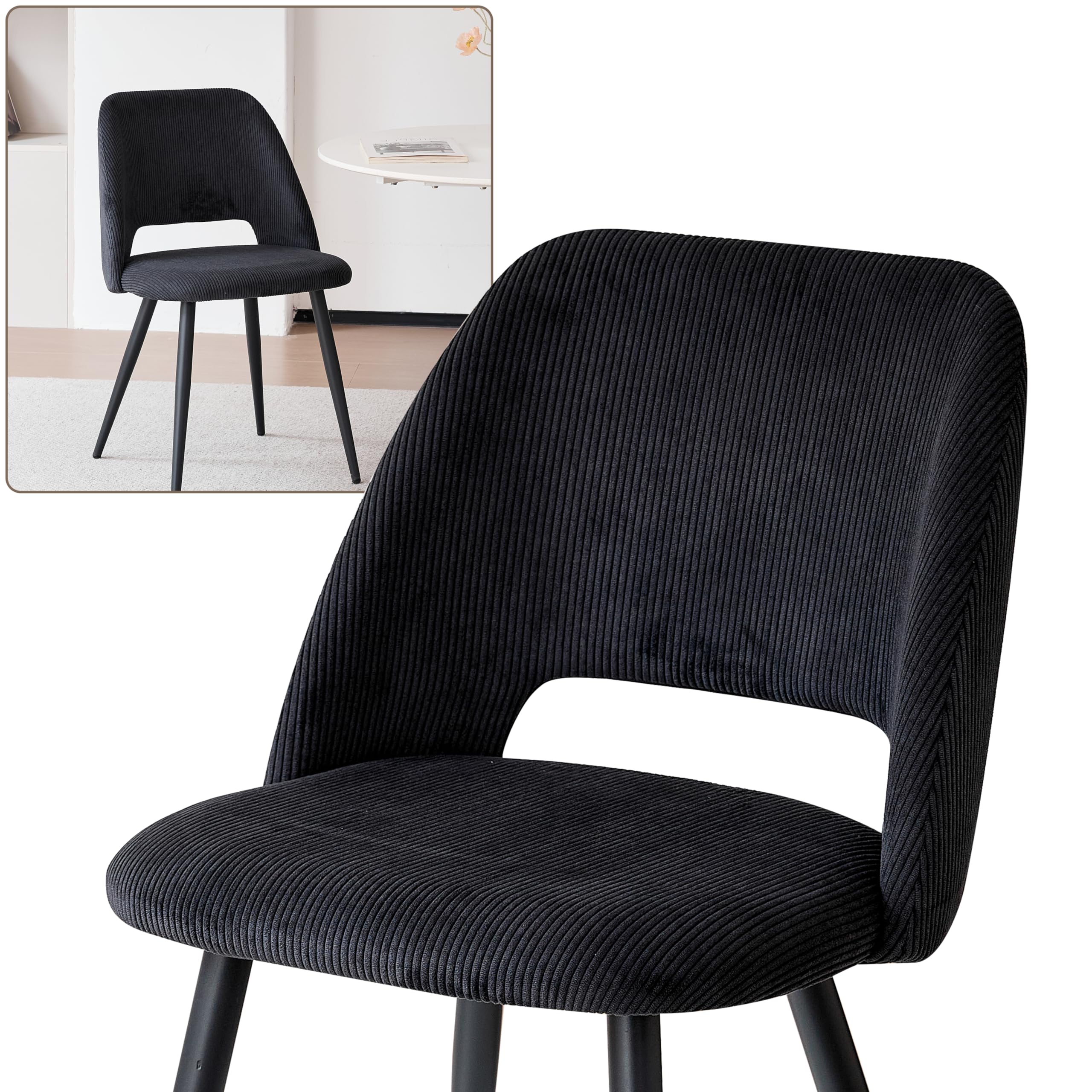 Esstisch und Stuhlset, 140 * 80 * 75 cm Rechteck MDF Esstisch, 4 Gepolsterte Küchenstühle aus Cord mit Hohlrückenlehne, für Esszimmer, Wohnzimmer, Küche (Marmormuster + Schwarz)