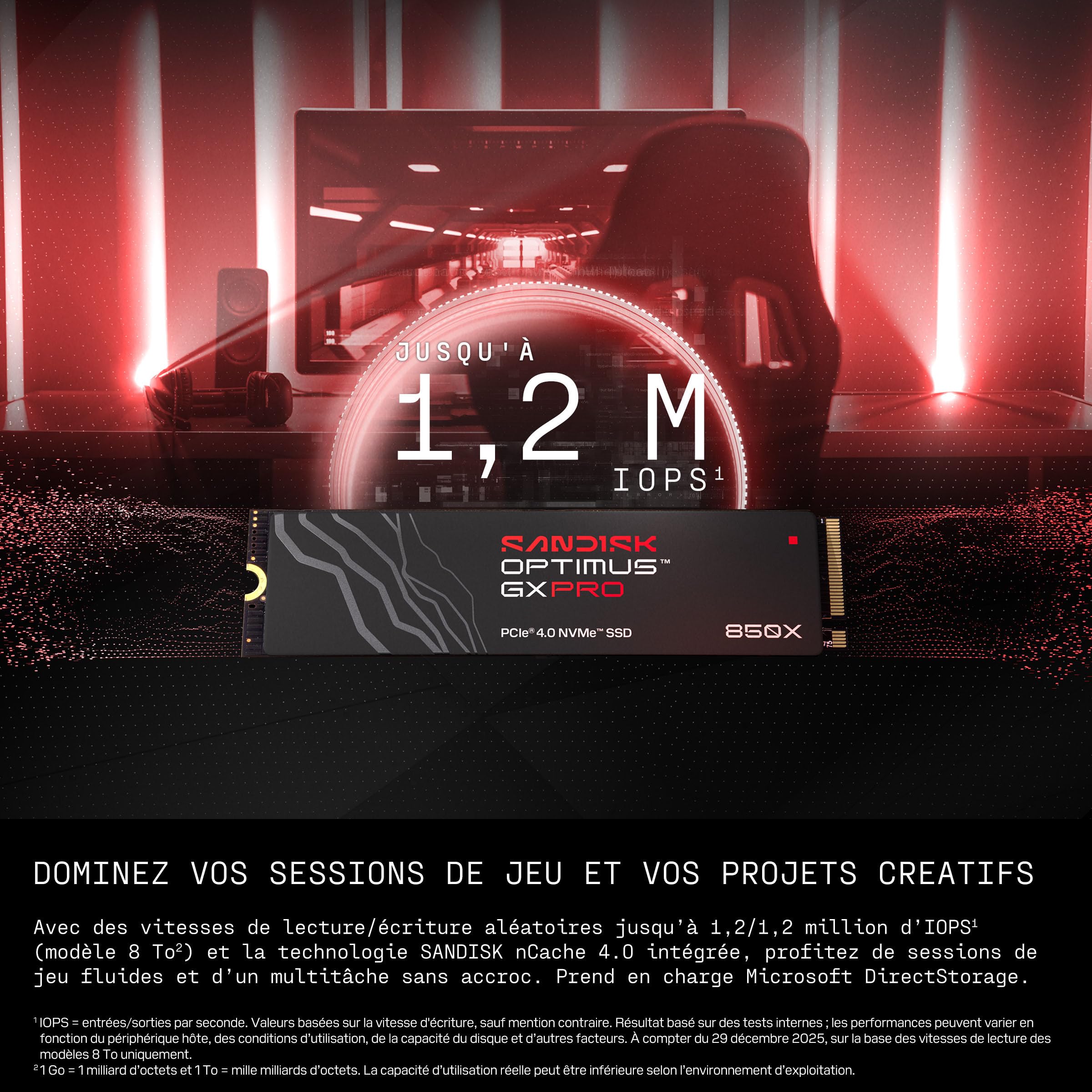 SANDISK Optimus GX Pro 850X NVMe SSD 2 to (Jusqu’à 7 300/6 600 Mo/s Vitesses de Lecture/écriture séquentielles, M.2 2280, PCIe 4.0, Jusqu’à 1 200 ToW) Extension de Stockage pour Le Jeu